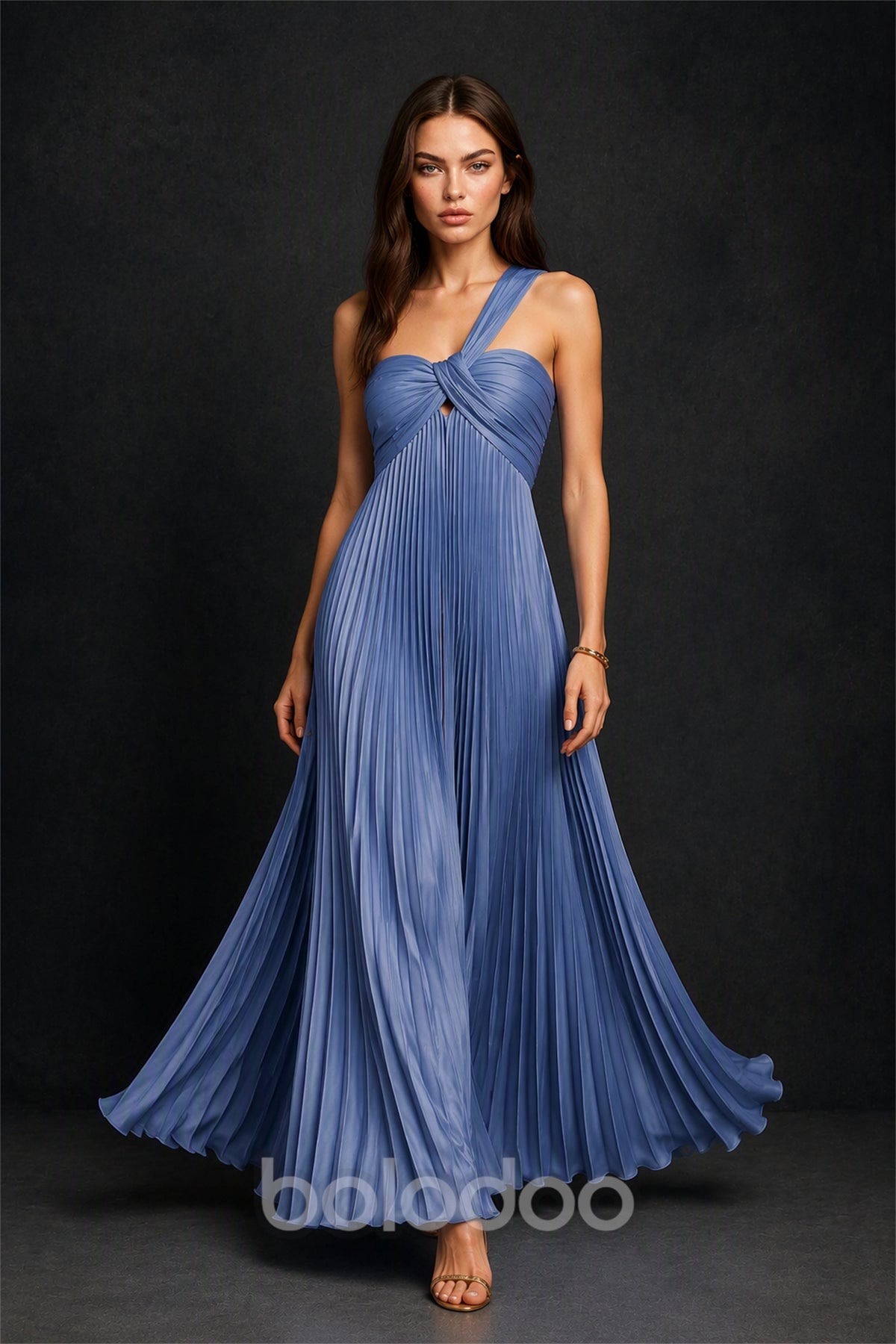 BOLODOO Dusty Blue One-Shoulder Twist Knot Pleated Satin Midi Dress with Cutout - Dusty Blue | BOLODOO watermark