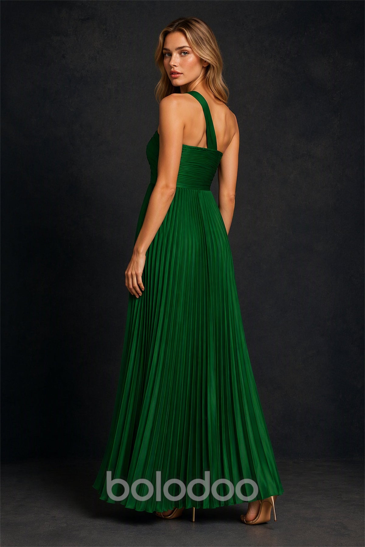 BOLODOO Emerald Green One-Shoulder Twist Knot Pleated Satin Midi Dress with Cutout - Emerald Green | BOLODOO watermark