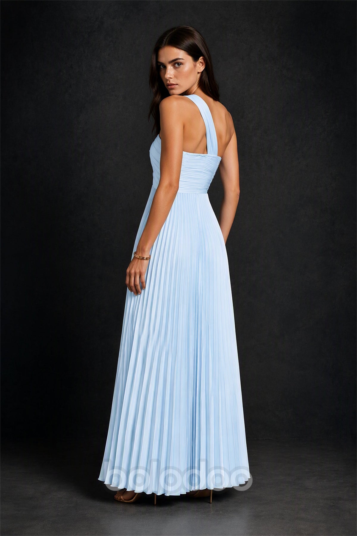 BOLODOO Light Blue One-Shoulder Twist Knot Pleated Satin Midi Dress with Cutout - Light Blue | BOLODOO watermark