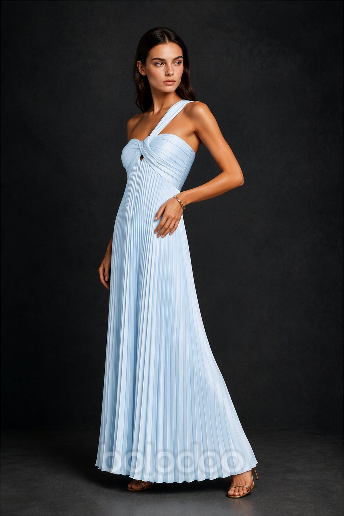 BOLODOO Light Blue One-Shoulder Twist Knot Pleated Satin Midi Dress with Cutout - Light Blue | BOLODOO watermark