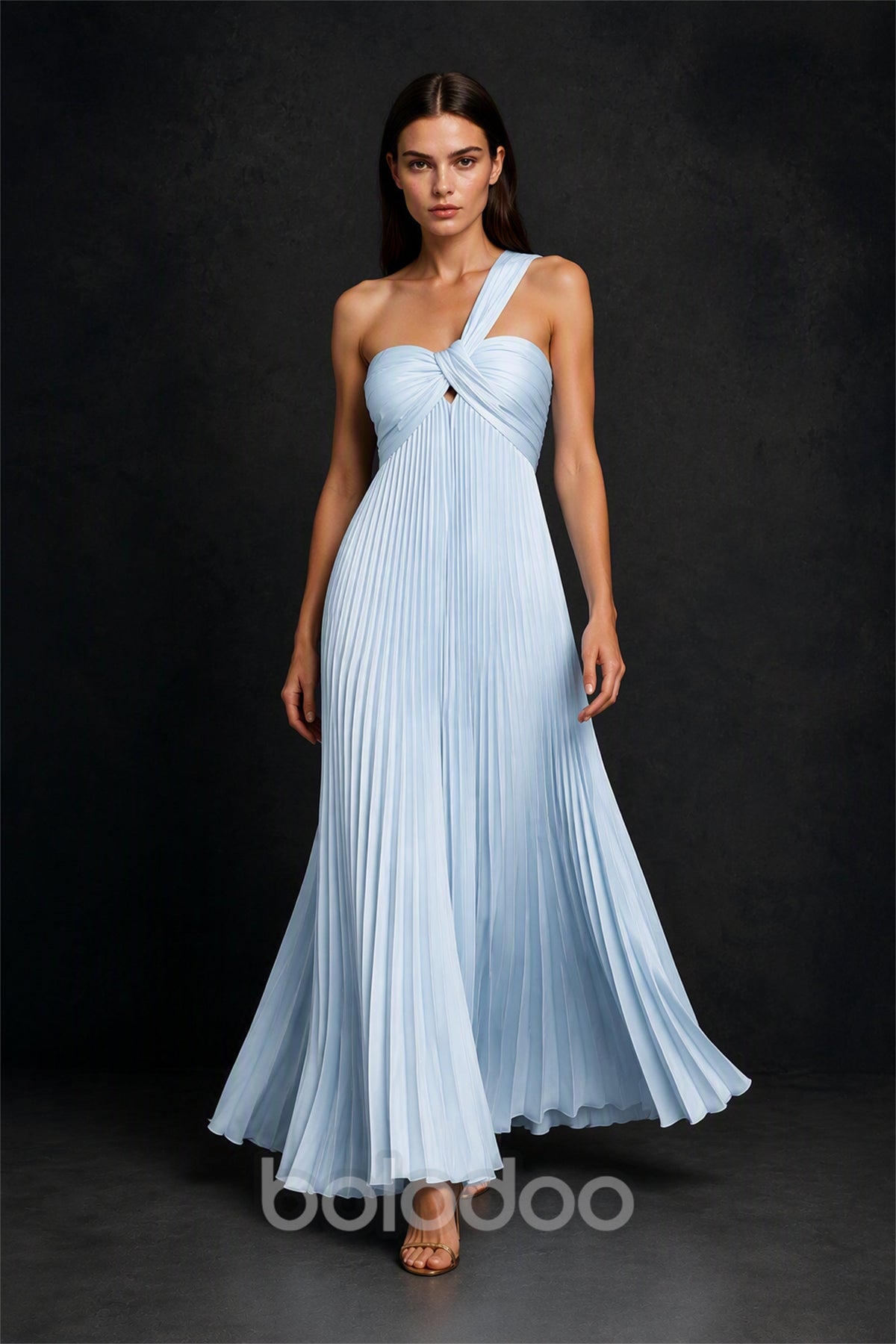 BOLODOO Light Blue One-Shoulder Twist Knot Pleated Satin Midi Dress with Cutout - Light Blue | BOLODOO watermark