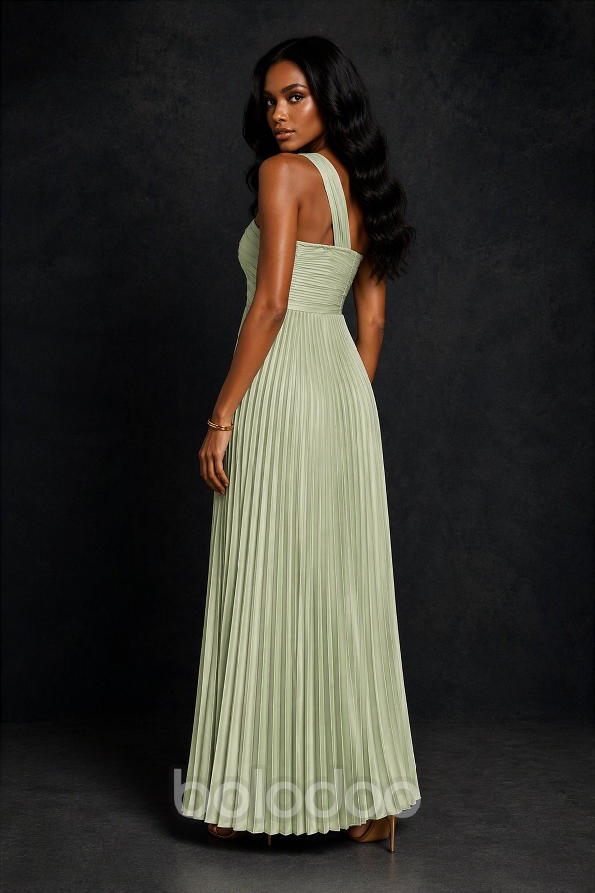 BOLODOO Sage Green One-Shoulder Twist Knot Pleated Satin Midi Dress with Cutout - Sage Green | BOLODOO watermark