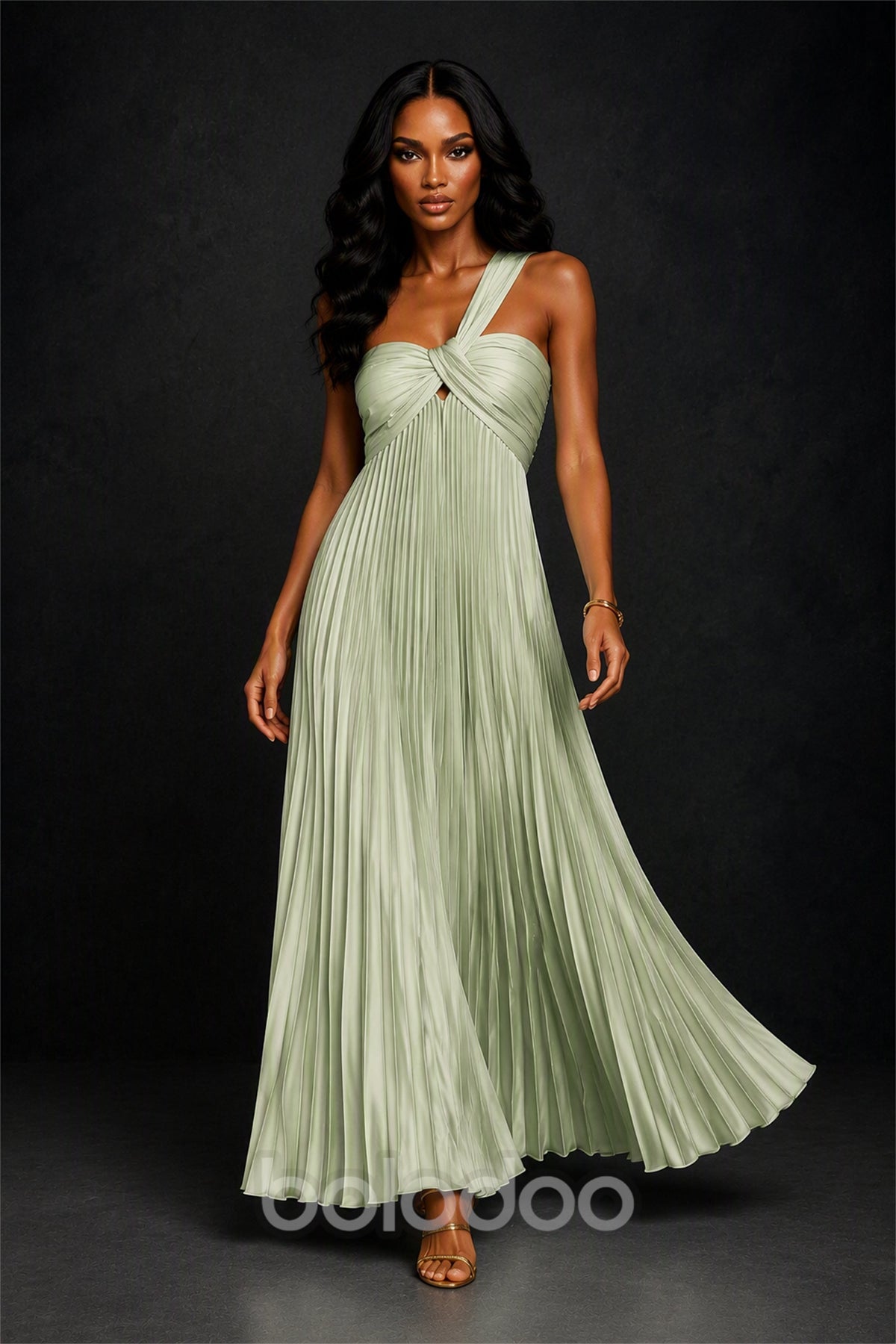 BOLODOO Sage Green One-Shoulder Twist Knot Pleated Satin Midi Dress with Cutout - Sage Green | BOLODOO watermark