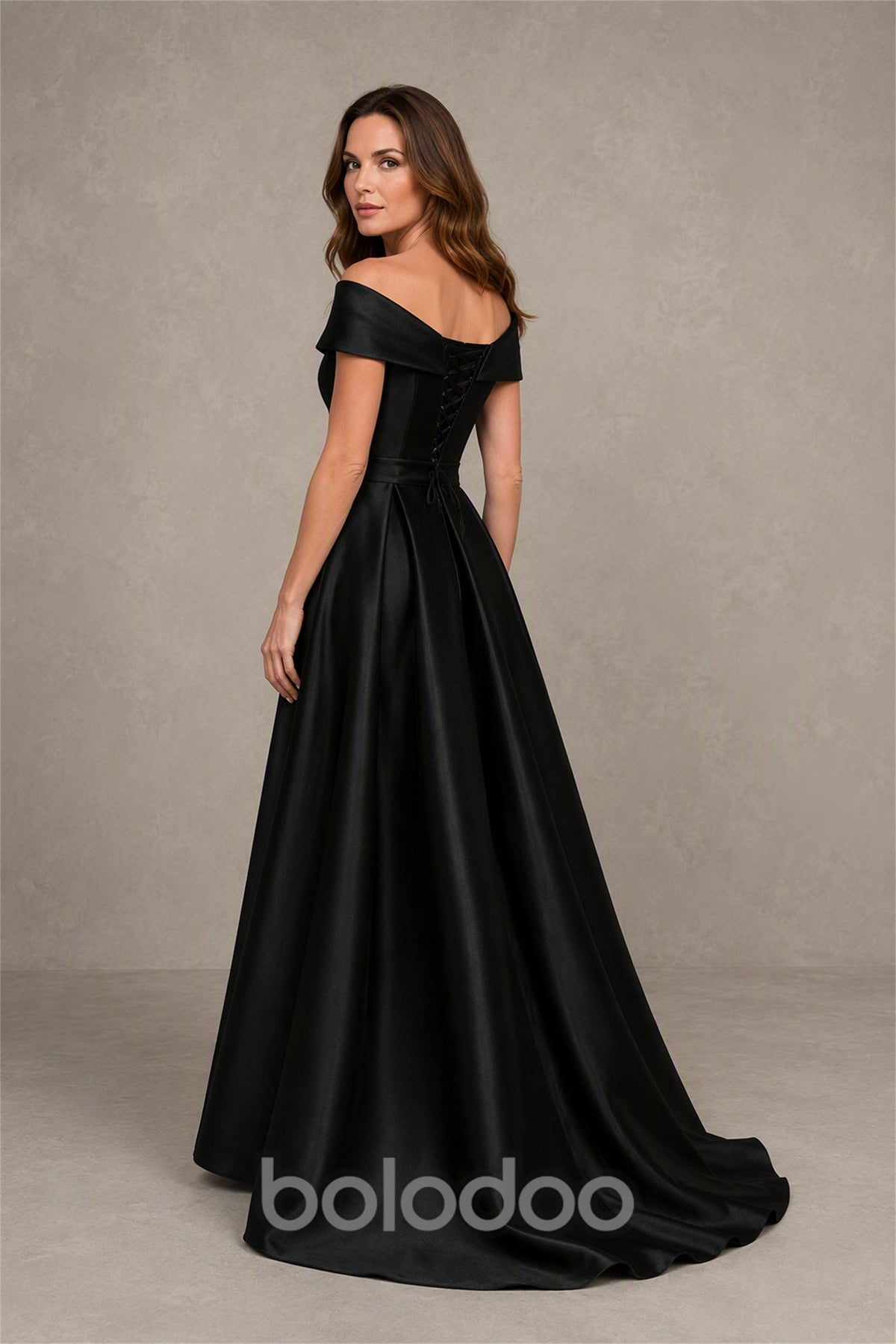 BOLODOO Steel Black Off-Shoulder Satin Sequin Lace Mermaid Gown with Detachable Overskirt - Black | BOLODOO watermark