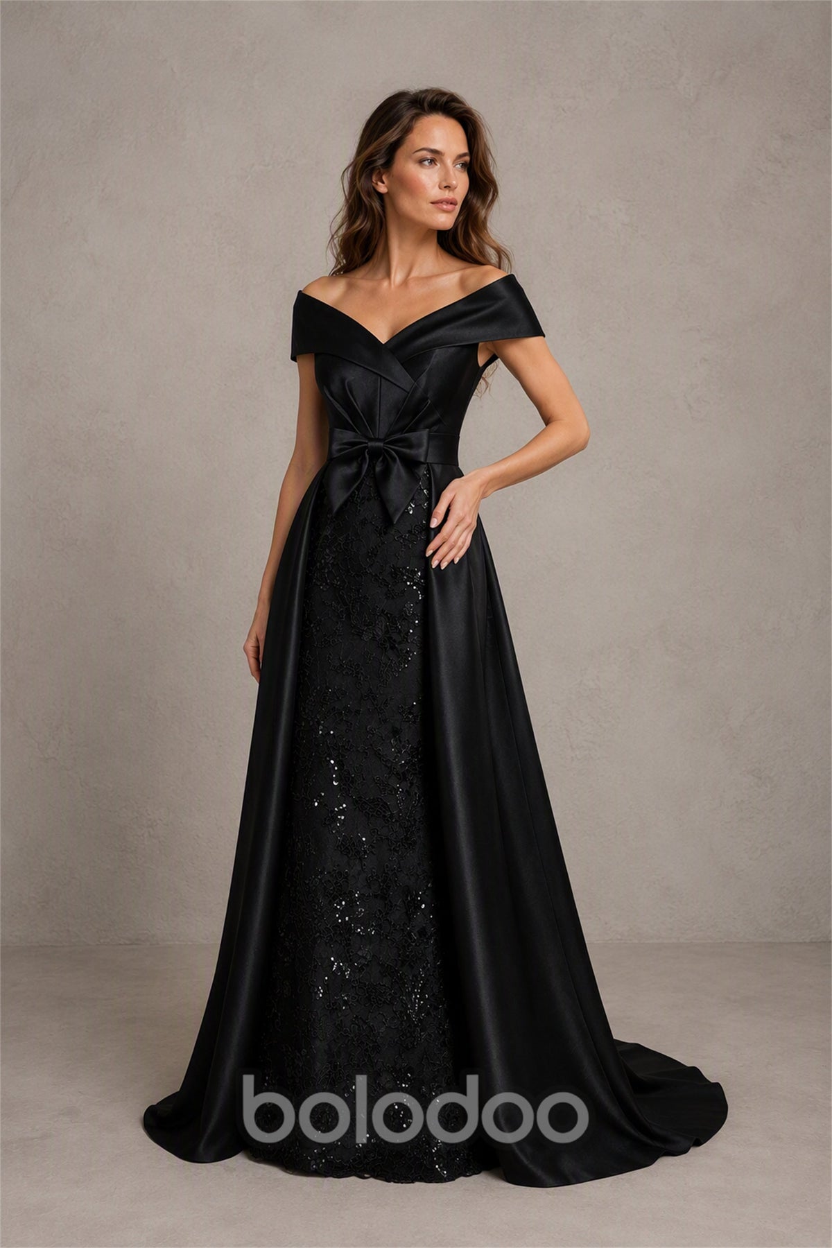 BOLODOO Steel Black Off-Shoulder Satin Sequin Lace Mermaid Gown with Detachable Overskirt - Black | BOLODOO watermark