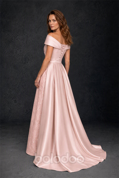 BOLODOO Steel Blush Pink Off-Shoulder Satin Sequin Lace Mermaid Gown with Detachable Overskirt - Blush Pink | BOLODOO watermark