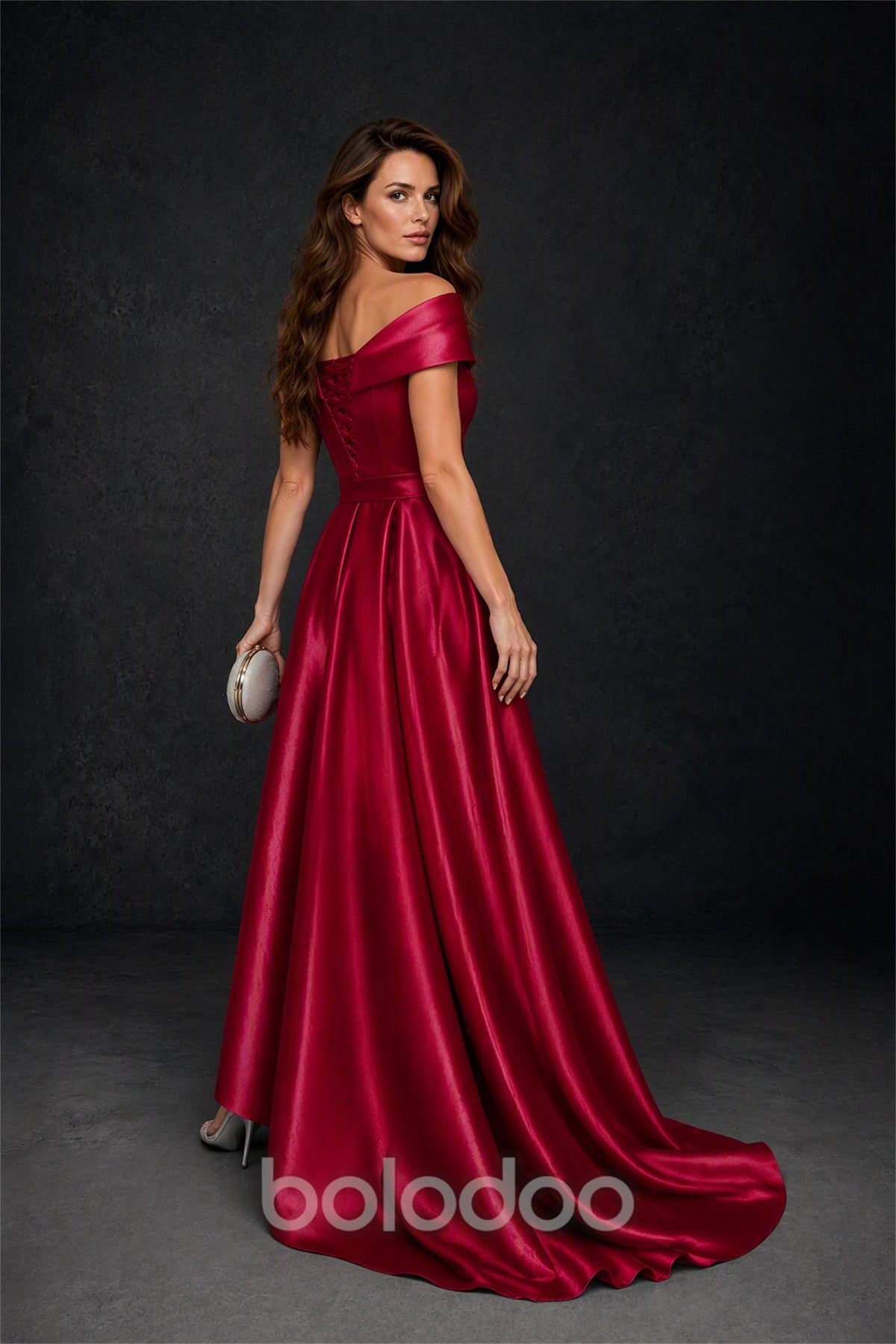 BOLODOO Steel Burgundy Off-Shoulder Satin Sequin Lace Mermaid Gown with Detachable Overskirt - Burgundy | BOLODOO watermark