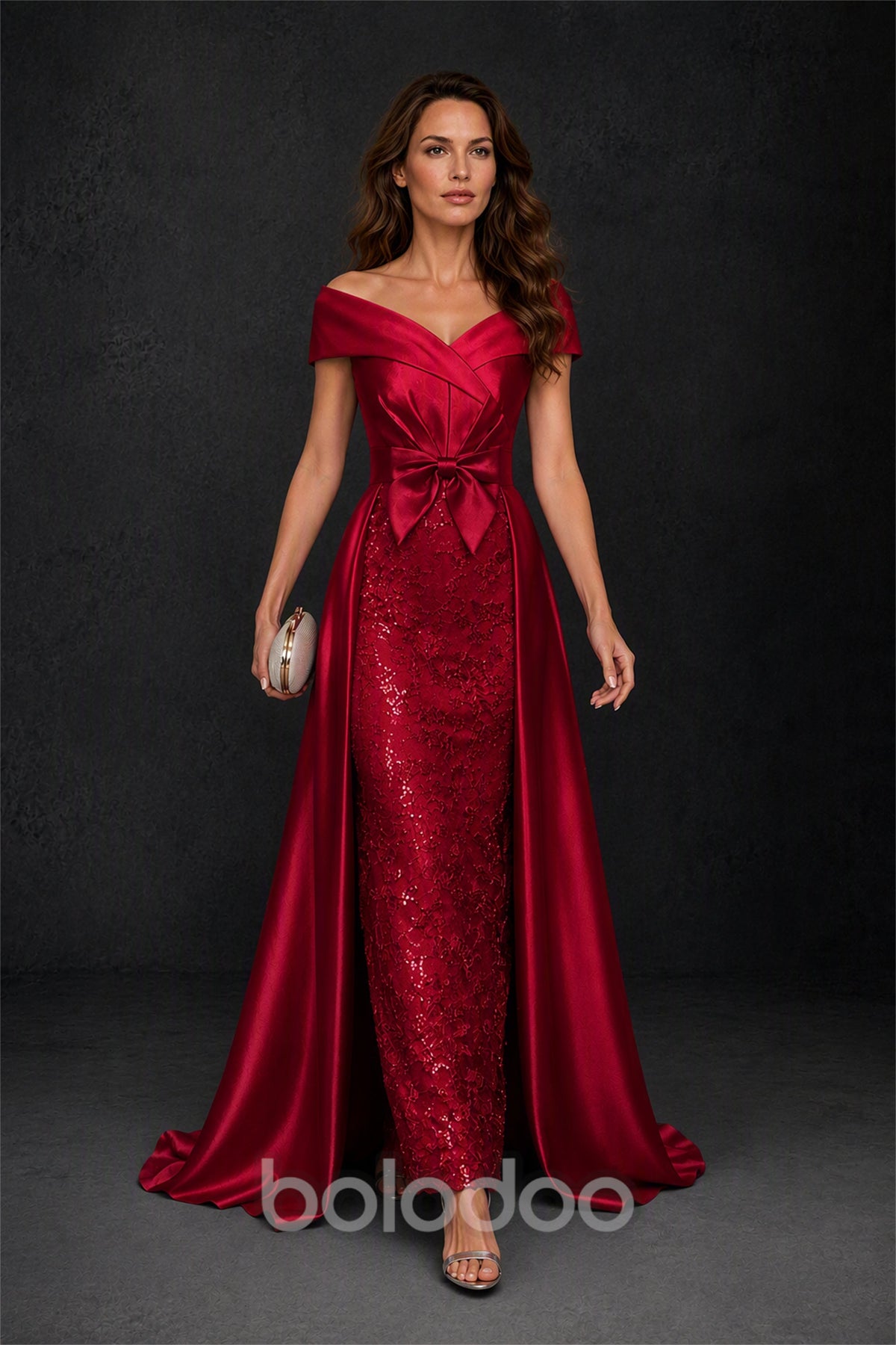 BOLODOO Steel Burgundy Off-Shoulder Satin Sequin Lace Mermaid Gown with Detachable Overskirt - Burgundy | BOLODOO watermark