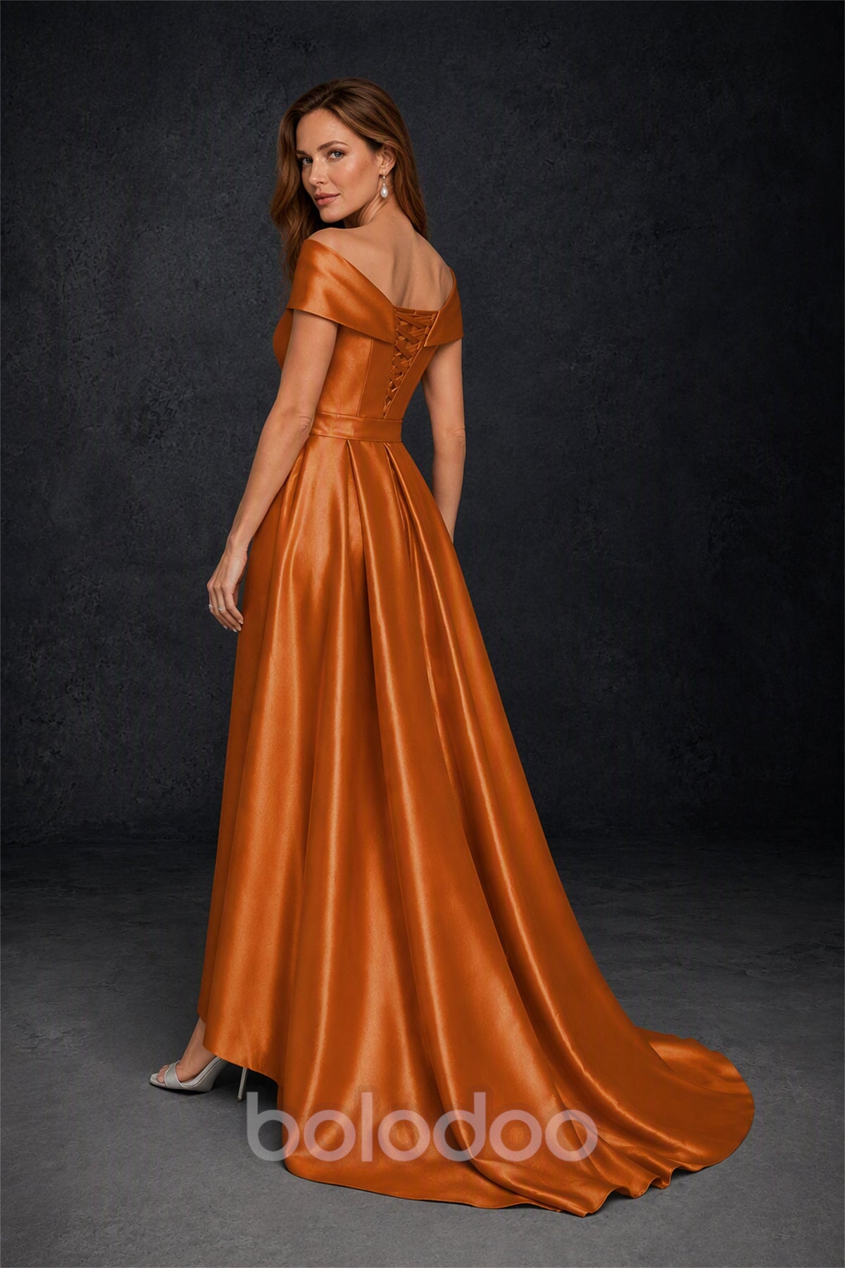 BOLODOO Steel Burnt Orange Off-Shoulder Satin Sequin Lace Mermaid Gown with Detachable Overskirt - Burnt Orange | BOLODOO watermark
