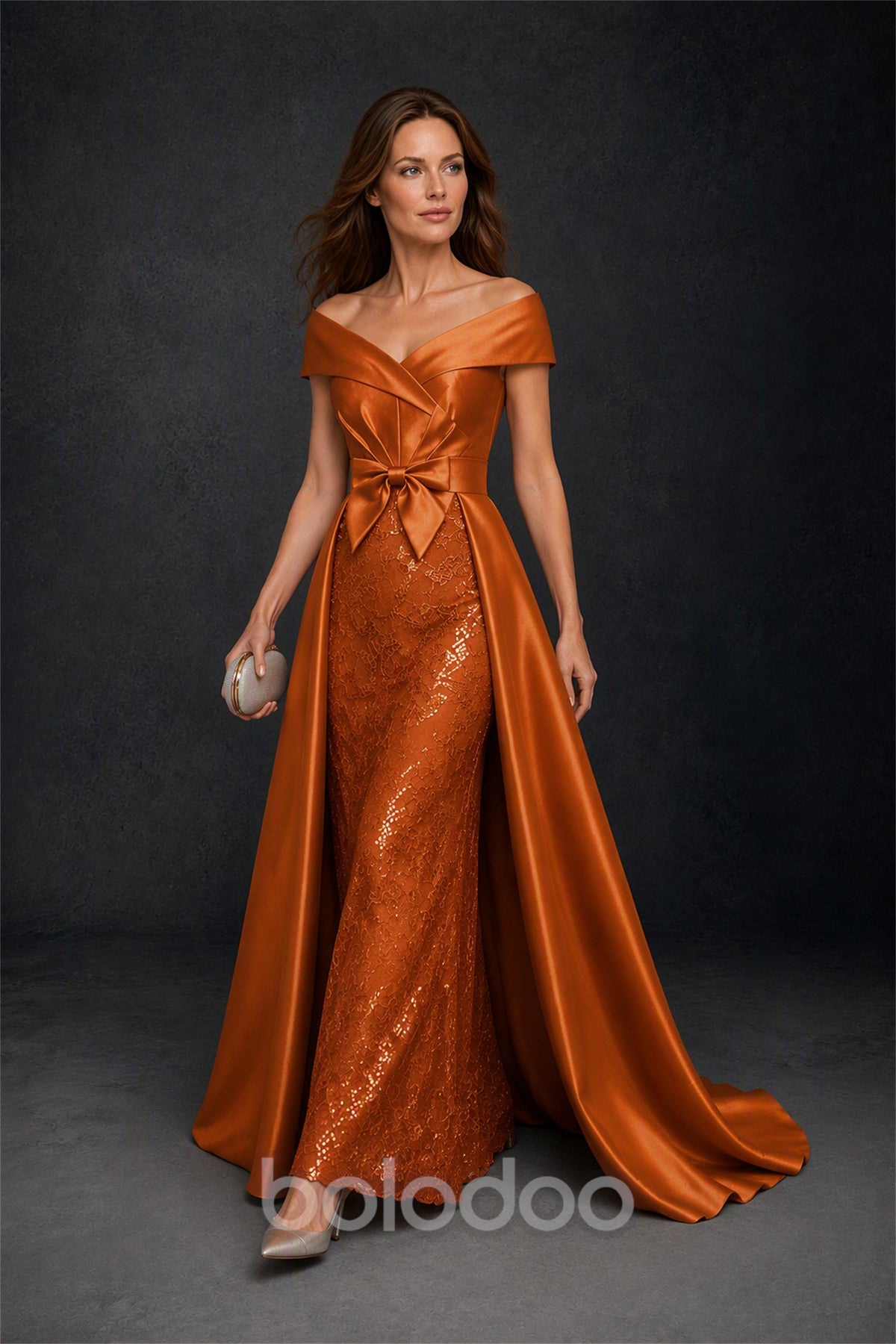BOLODOO Steel Burnt Orange Off-Shoulder Satin Sequin Lace Mermaid Gown with Detachable Overskirt - Burnt Orange | BOLODOO watermark