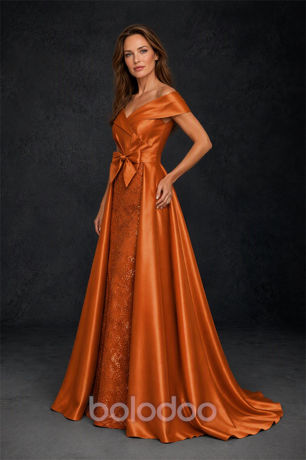 BOLODOO Steel Burnt Orange Off-Shoulder Satin Sequin Lace Mermaid Gown with Detachable Overskirt - Burnt Orange | BOLODOO watermark