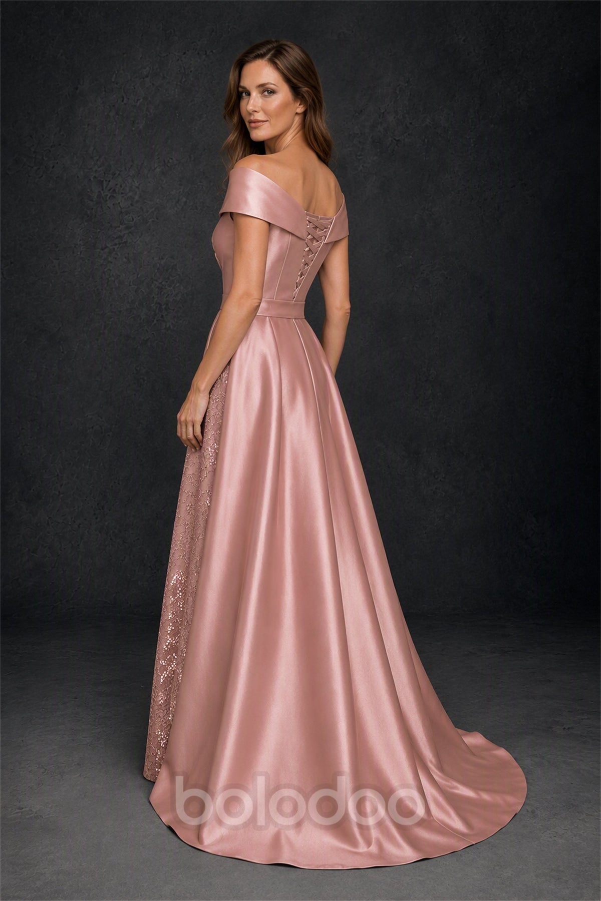 BOLODOO Steel Dusty Rose Off-Shoulder Satin Sequin Lace Mermaid Gown with Detachable Overskirt - Dusty Rose | BOLODOO watermark