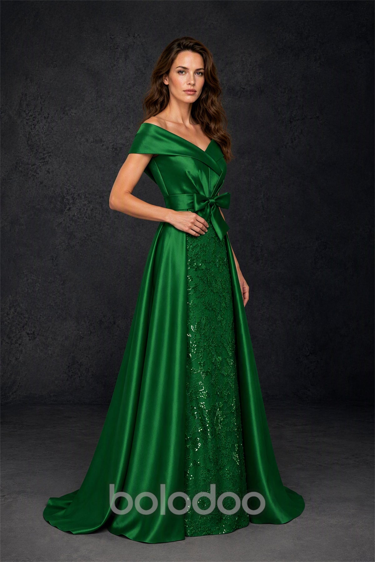 BOLODOO Steel Emerald Green Off-Shoulder Satin Sequin Lace Mermaid Gown with Detachable Overskirt - Emerald Green | BOLODOO watermark