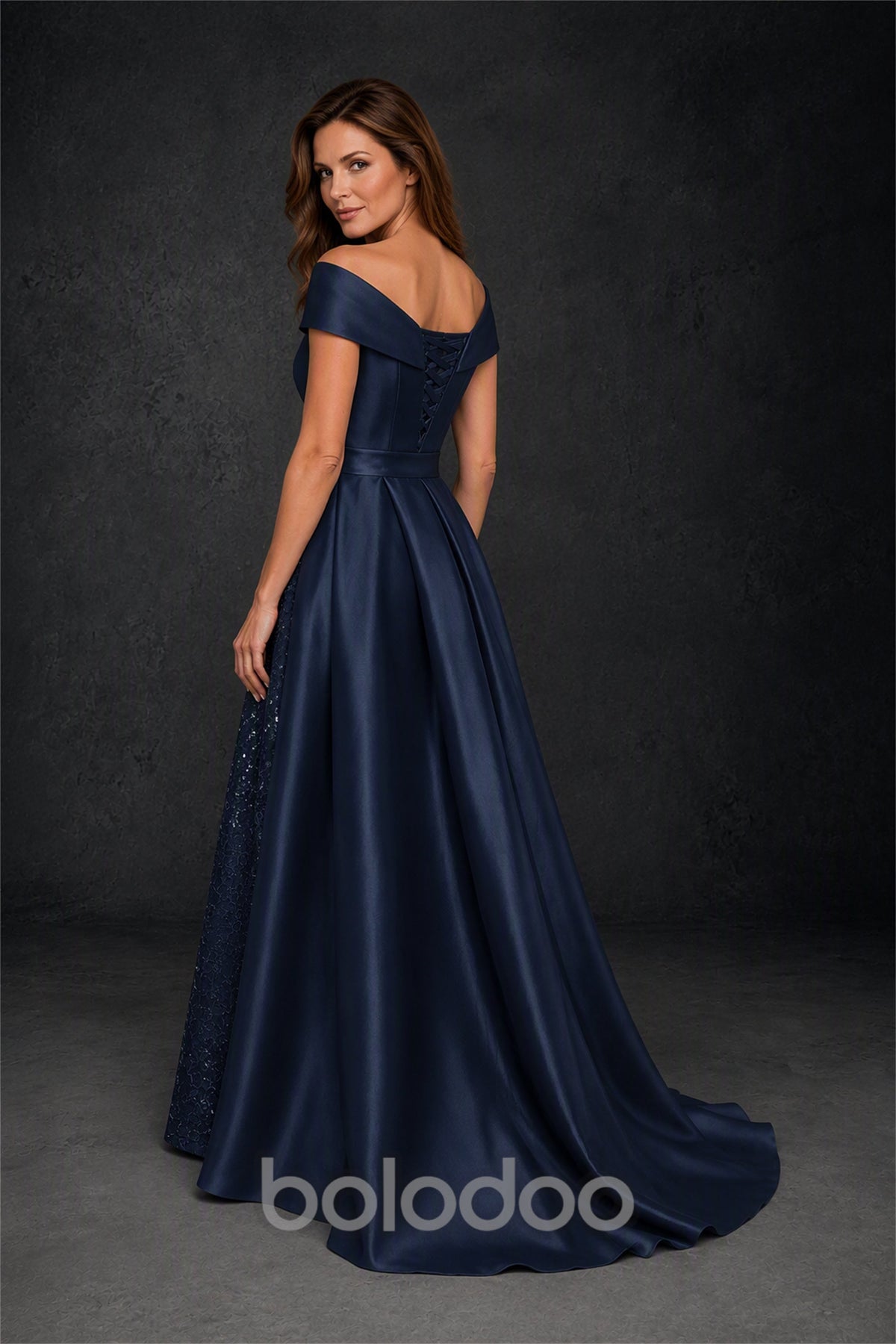 BOLODOO Steel Navy Blue Off-Shoulder Satin Sequin Lace Mermaid Gown with Detachable Overskirt - Navy Blue | BOLODOO watermark
