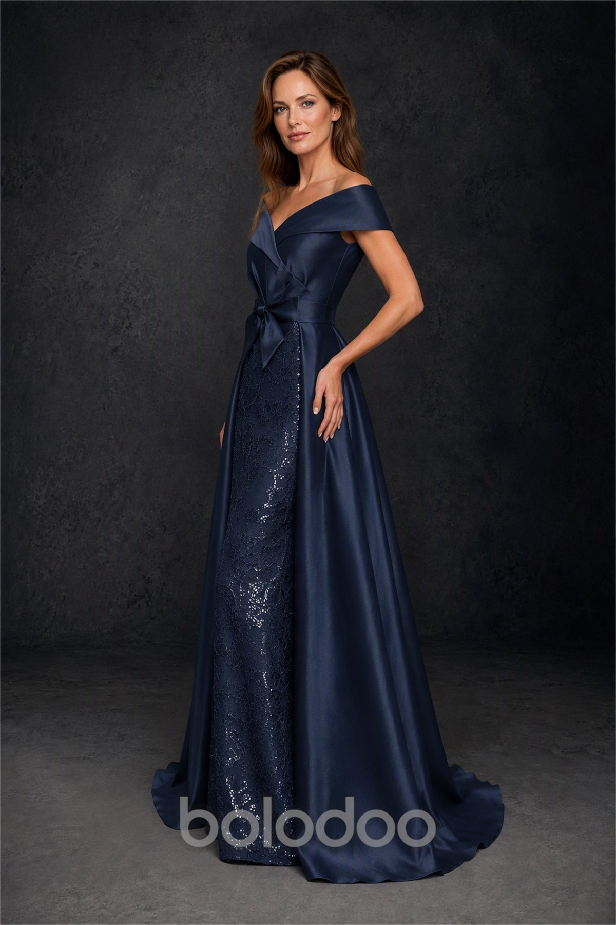 BOLODOO Steel Navy Blue Off-Shoulder Satin Sequin Lace Mermaid Gown with Detachable Overskirt - Navy Blue | BOLODOO watermark