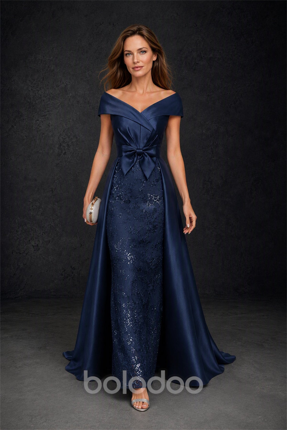 BOLODOO Steel Navy Blue Off-Shoulder Satin Sequin Lace Mermaid Gown with Detachable Overskirt - Navy Blue | BOLODOO watermark