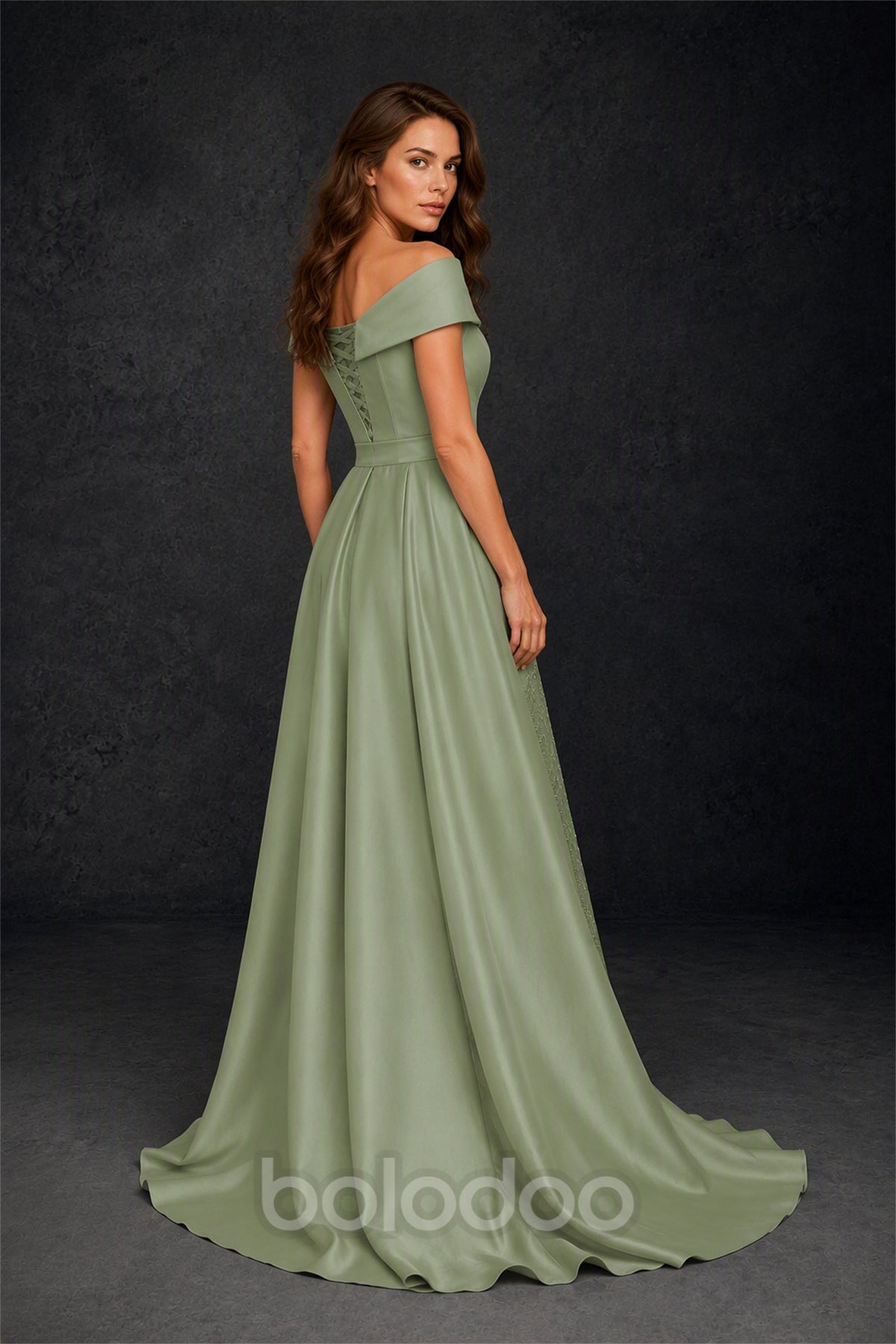 BOLODOO Steel Sage Green Off-Shoulder Satin Sequin Lace Mermaid Gown with Detachable Overskirt - Sage Green | BOLODOO watermark