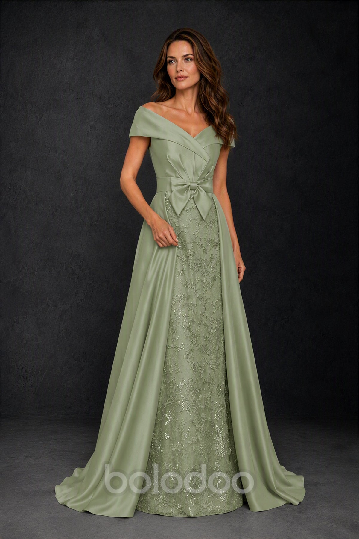 BOLODOO Steel Sage Green Off-Shoulder Satin Sequin Lace Mermaid Gown with Detachable Overskirt - Sage Green | BOLODOO watermark