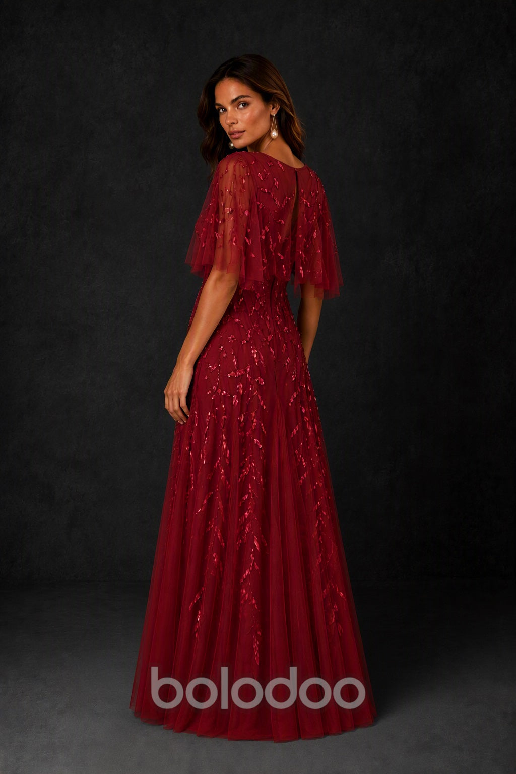 BOLODOO Burgundy Sequin Leaf Embroidered Flutter Sleeve Maxi Dress – A-Line Floor Length Mother of the Bride Gown - Burgundy | BOLODOO watermark