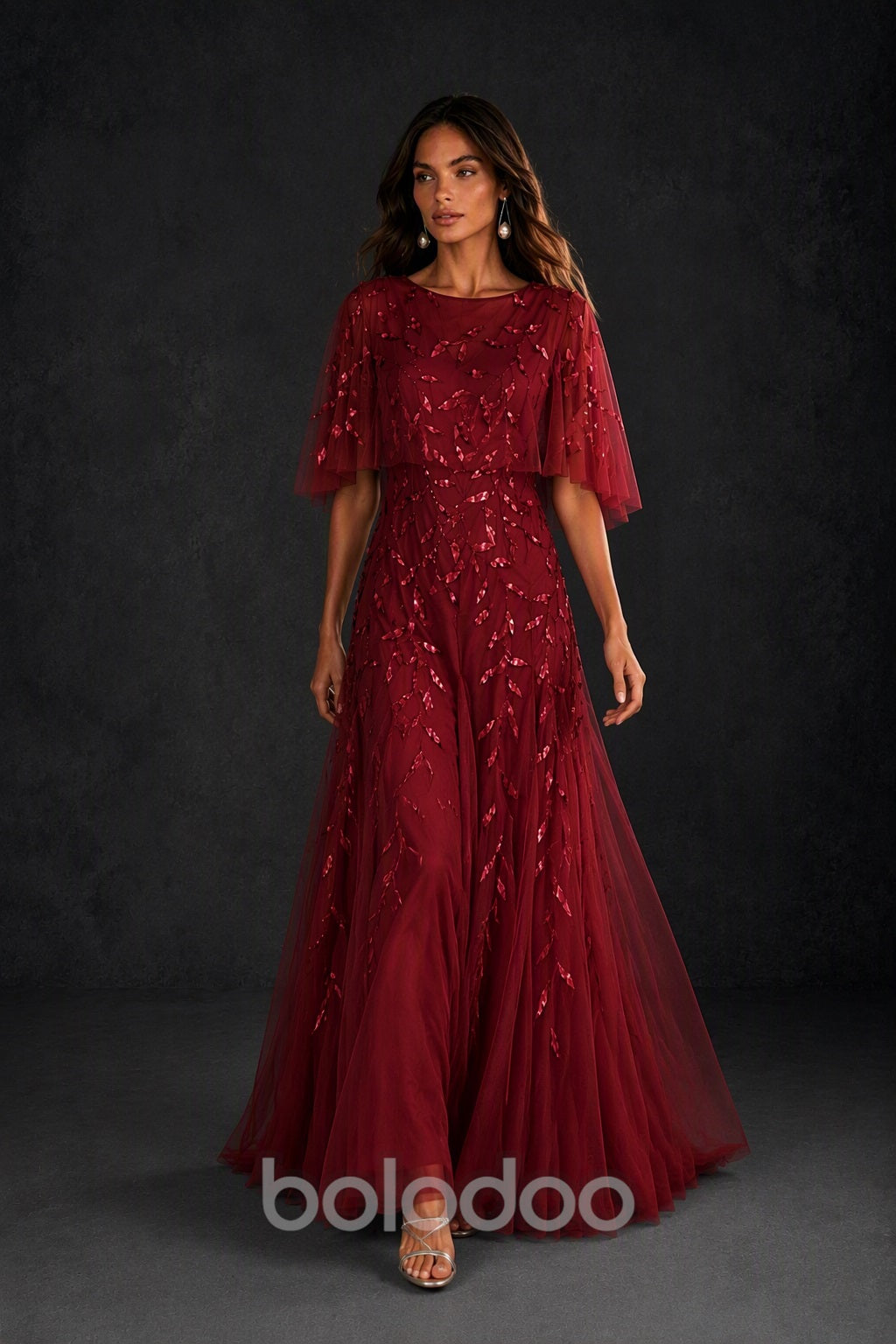 BOLODOO Burgundy Sequin Leaf Embroidered Flutter Sleeve Maxi Dress – A-Line Floor Length Mother of the Bride Gown - Burgundy | BOLODOO watermark