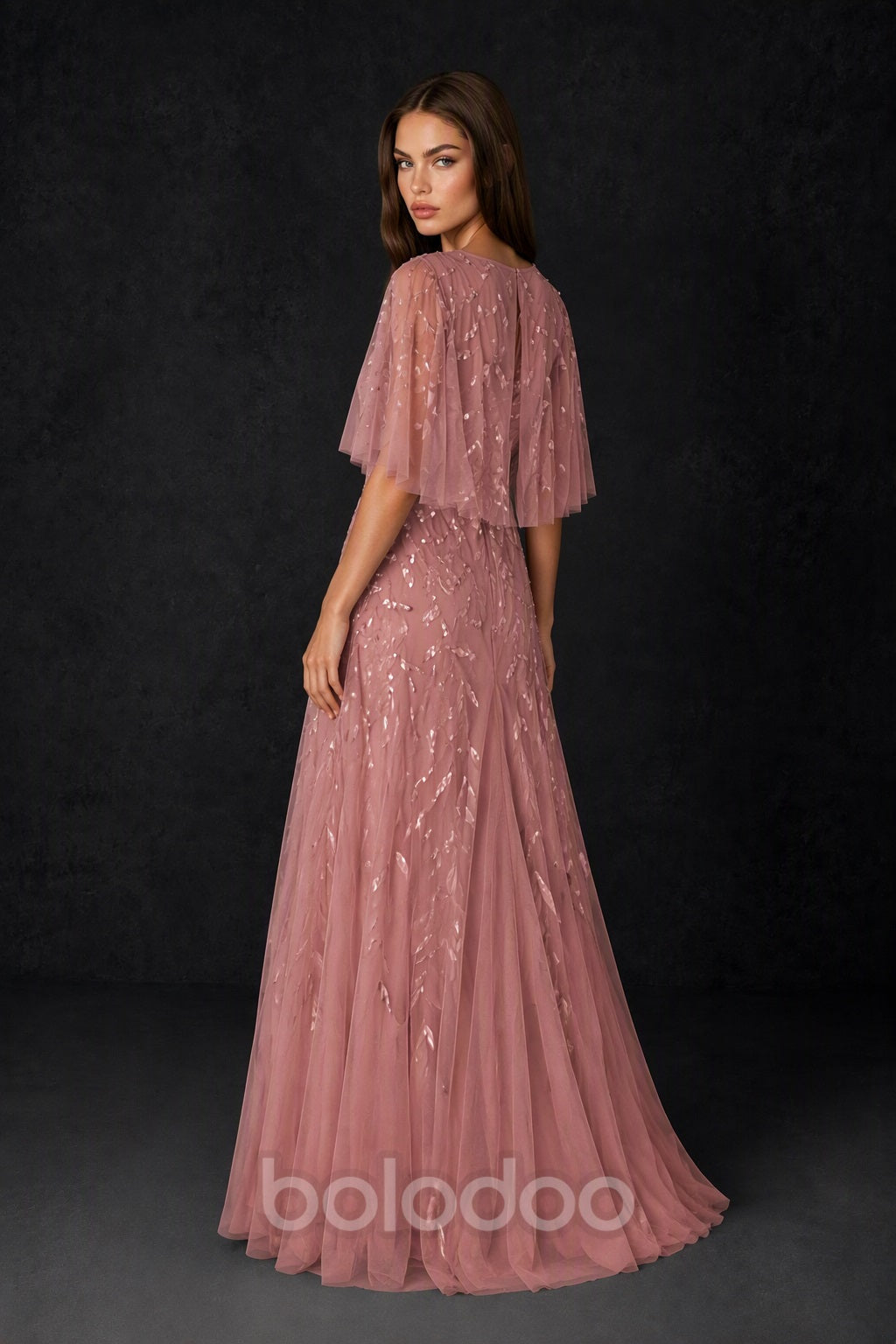 BOLODOO Dusty Rose Sequin Leaf Embroidered Flutter Sleeve Maxi Dress – A-Line Floor Length Mother of the Bride Gown - Dusty Rose | BOLODOO watermark