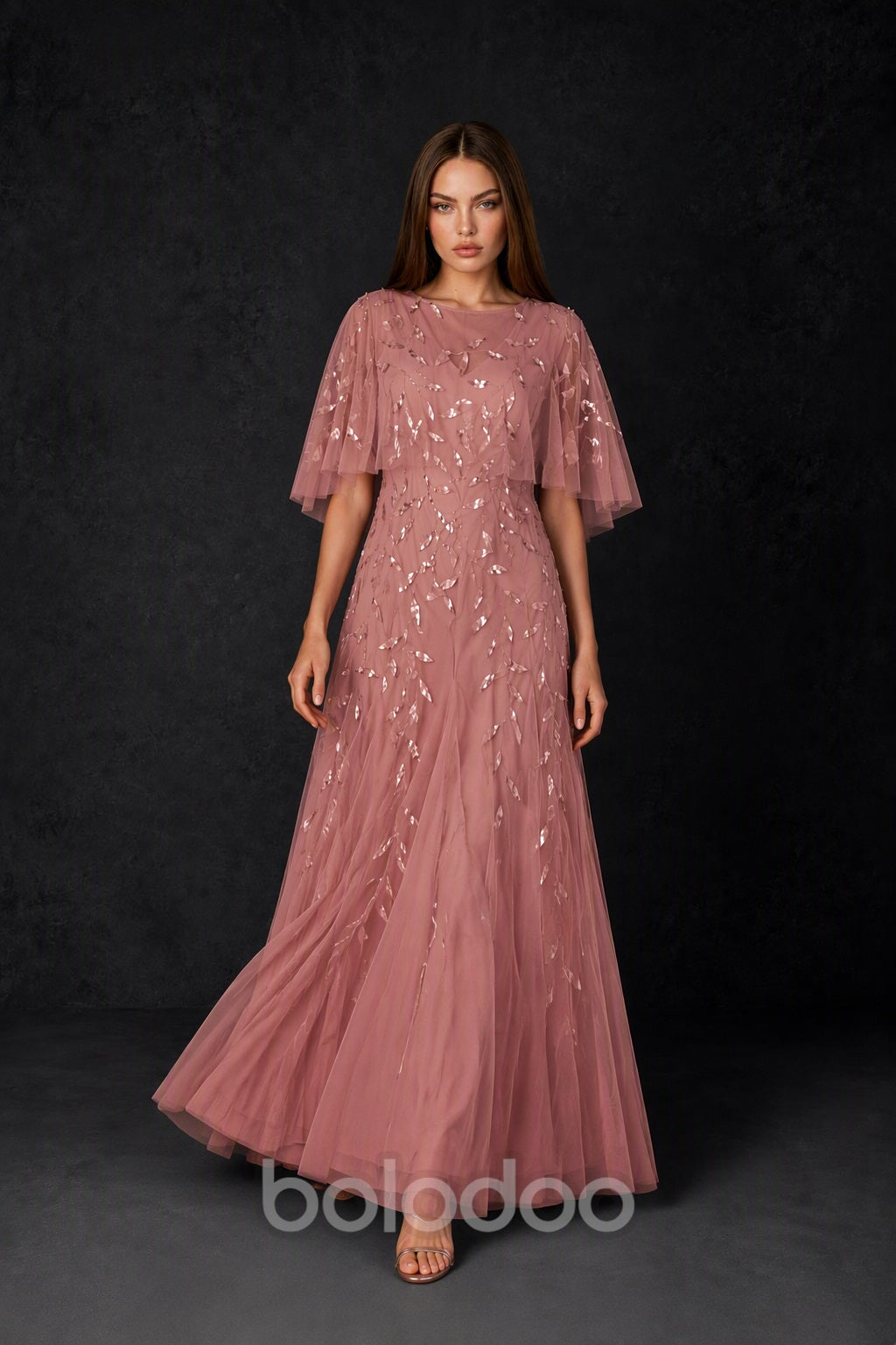 BOLODOO Dusty Rose Sequin Leaf Embroidered Flutter Sleeve Maxi Dress – A-Line Floor Length Mother of the Bride Gown - Dusty Rose | BOLODOO watermark