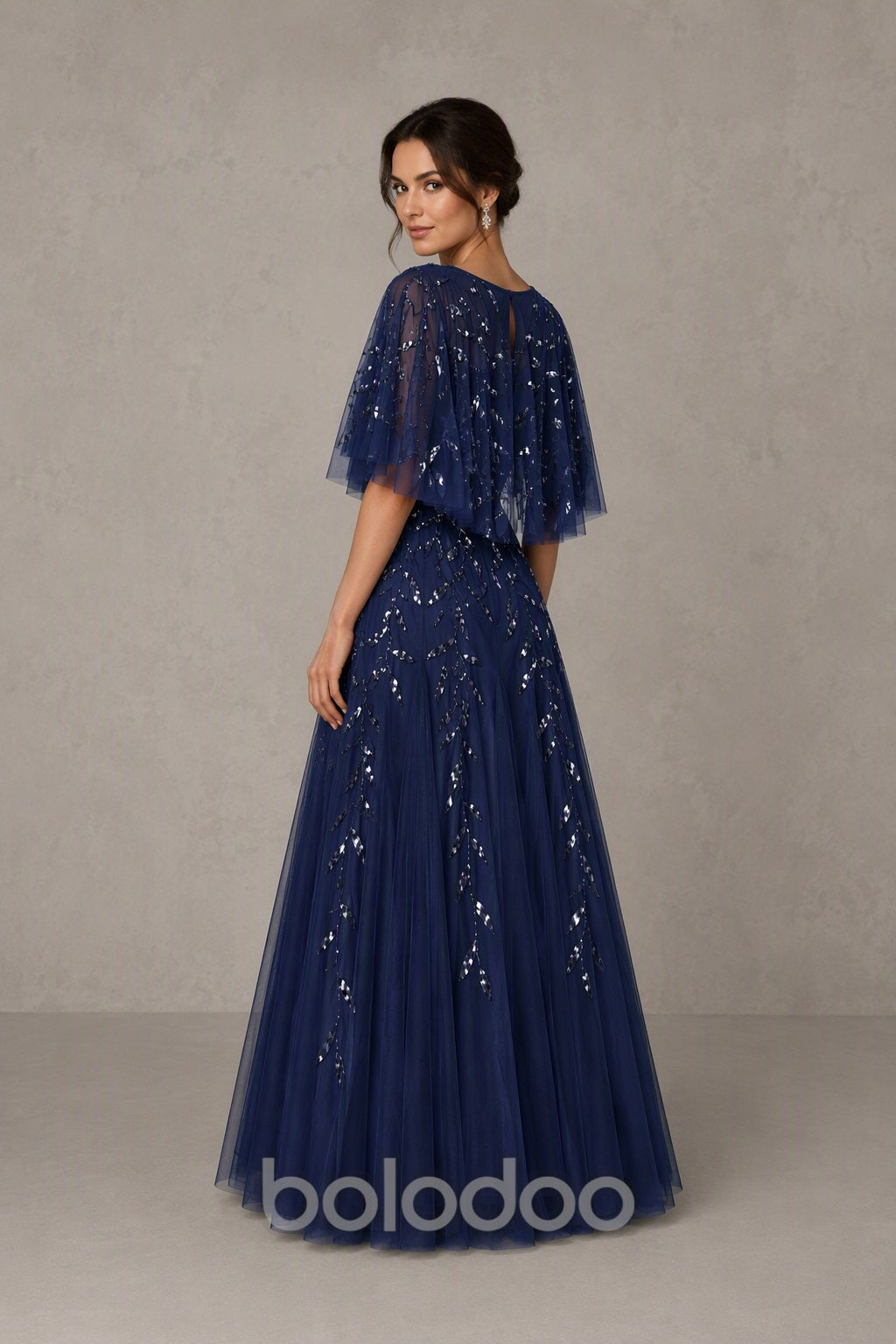 BOLODOO Navy Blue Sequin Leaf Embroidered Flutter Sleeve Maxi Dress – A-Line Floor Length Mother of the Bride Gown - Navy Blue | BOLODOO watermark