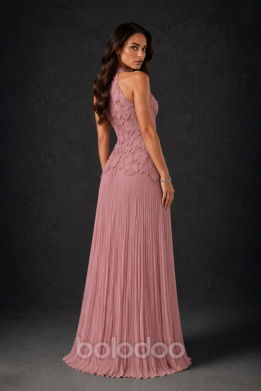 BOLODOO Dusty Rose 3D Floral Applique Halter Neck Open Back Pleated Maxi Dress - Dusty Rose | BOLODOO watermark