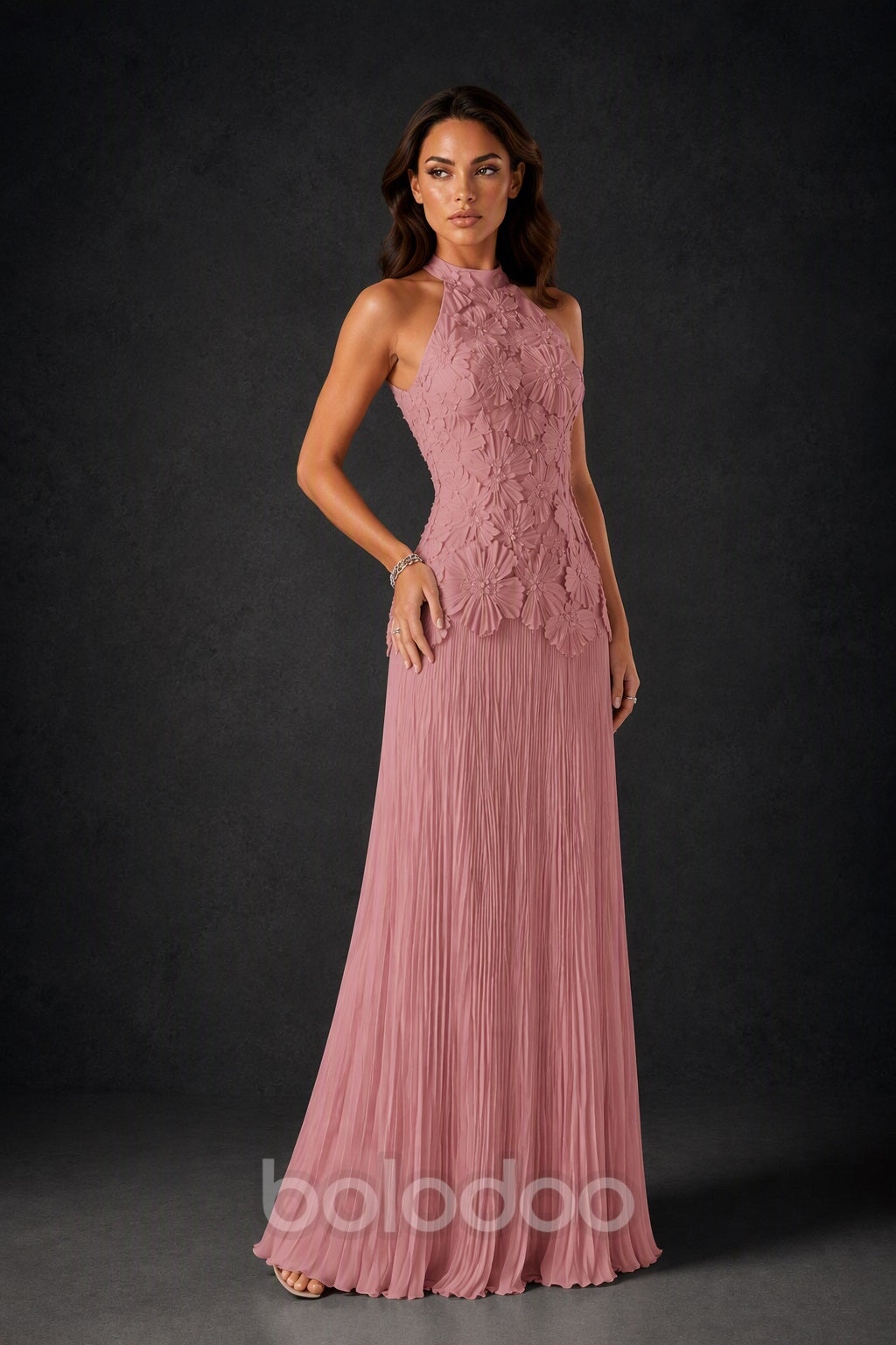 BOLODOO Dusty Rose 3D Floral Applique Halter Neck Open Back Pleated Maxi Dress - Dusty Rose | BOLODOO watermark