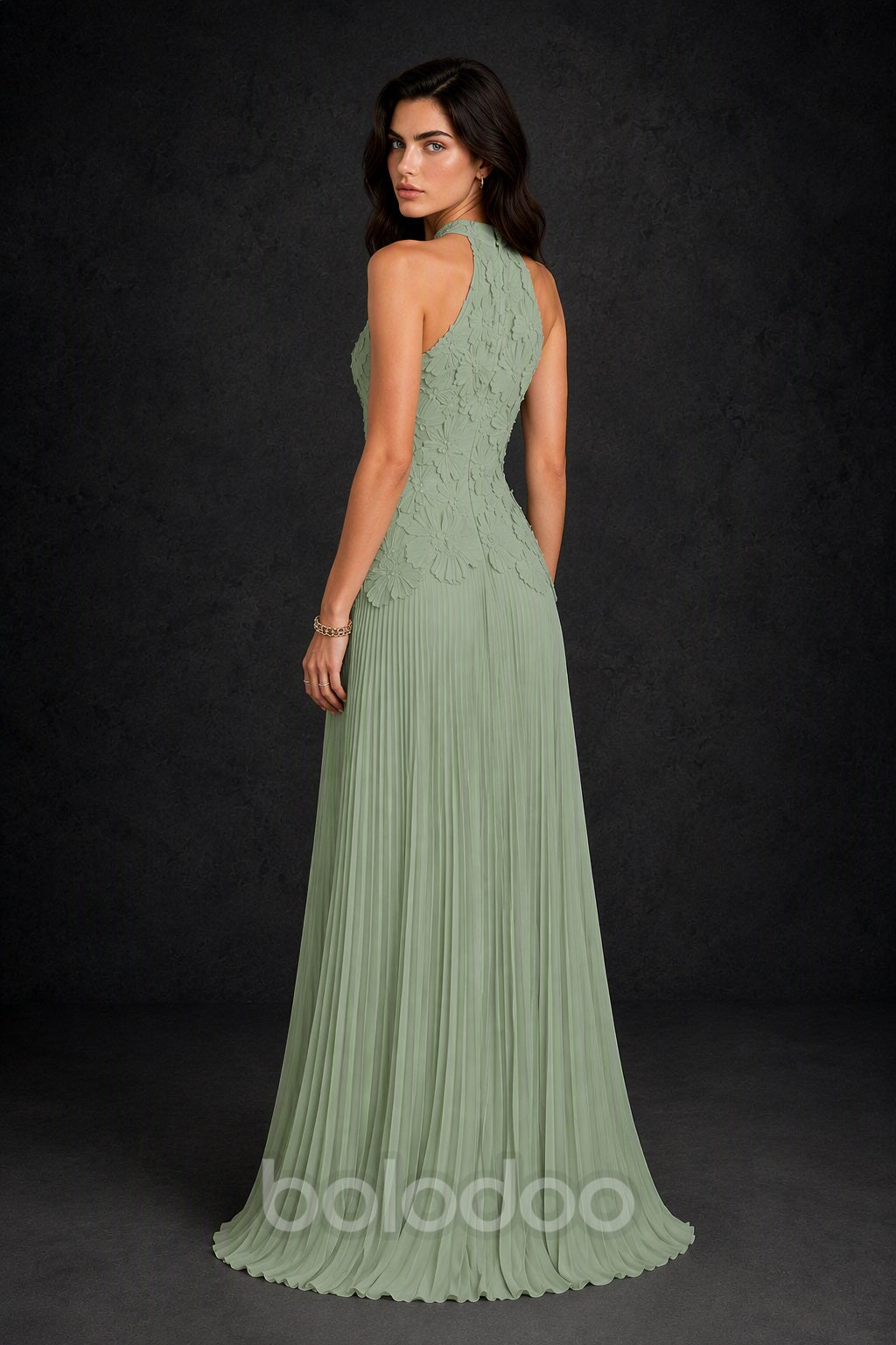 BOLODOO Sage Green 3D Floral Applique Halter Neck Open Back Pleated Maxi Dress - Sage Green | BOLODOO watermark