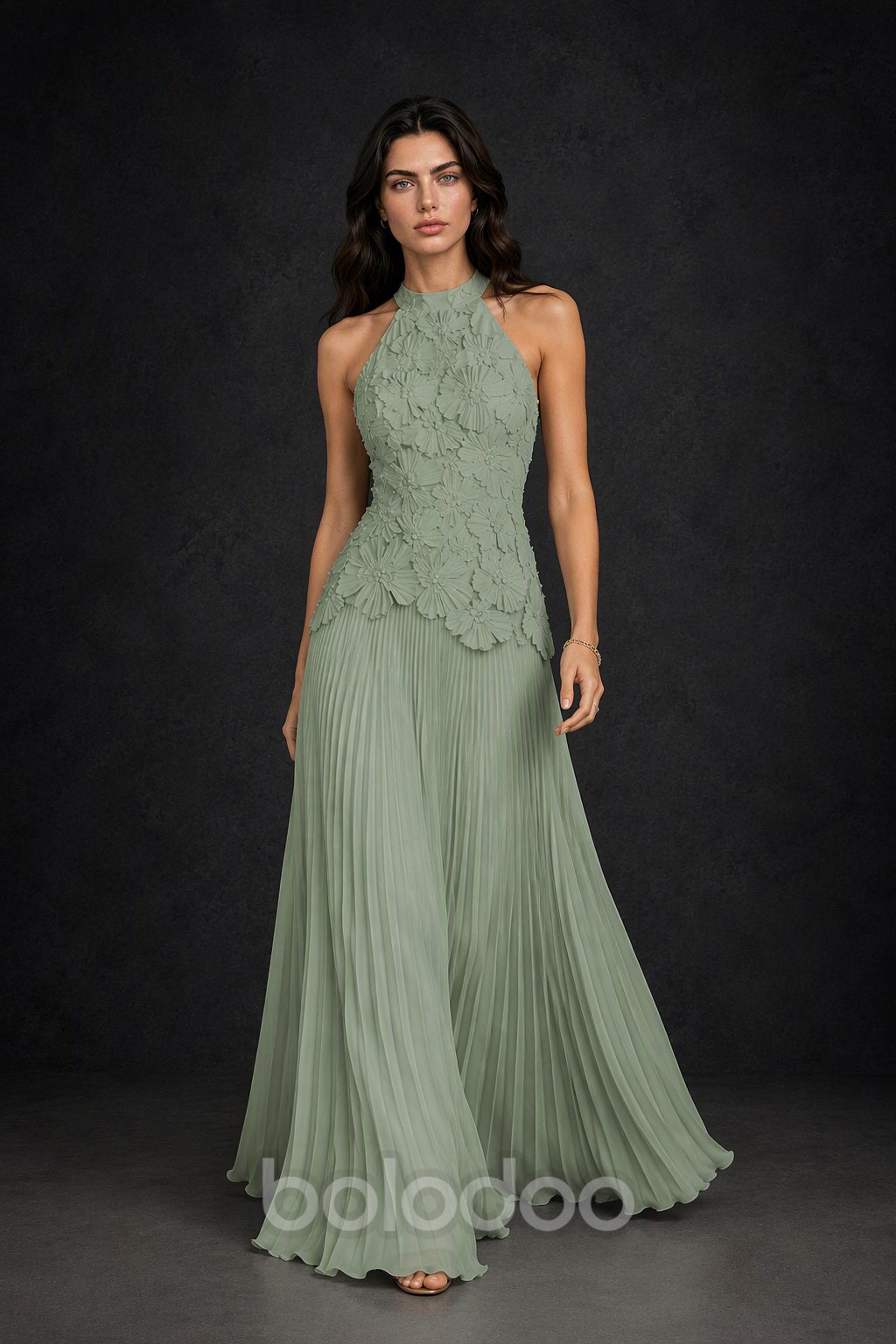 BOLODOO Sage Green 3D Floral Applique Halter Neck Open Back Pleated Maxi Dress - Sage Green | BOLODOO watermark