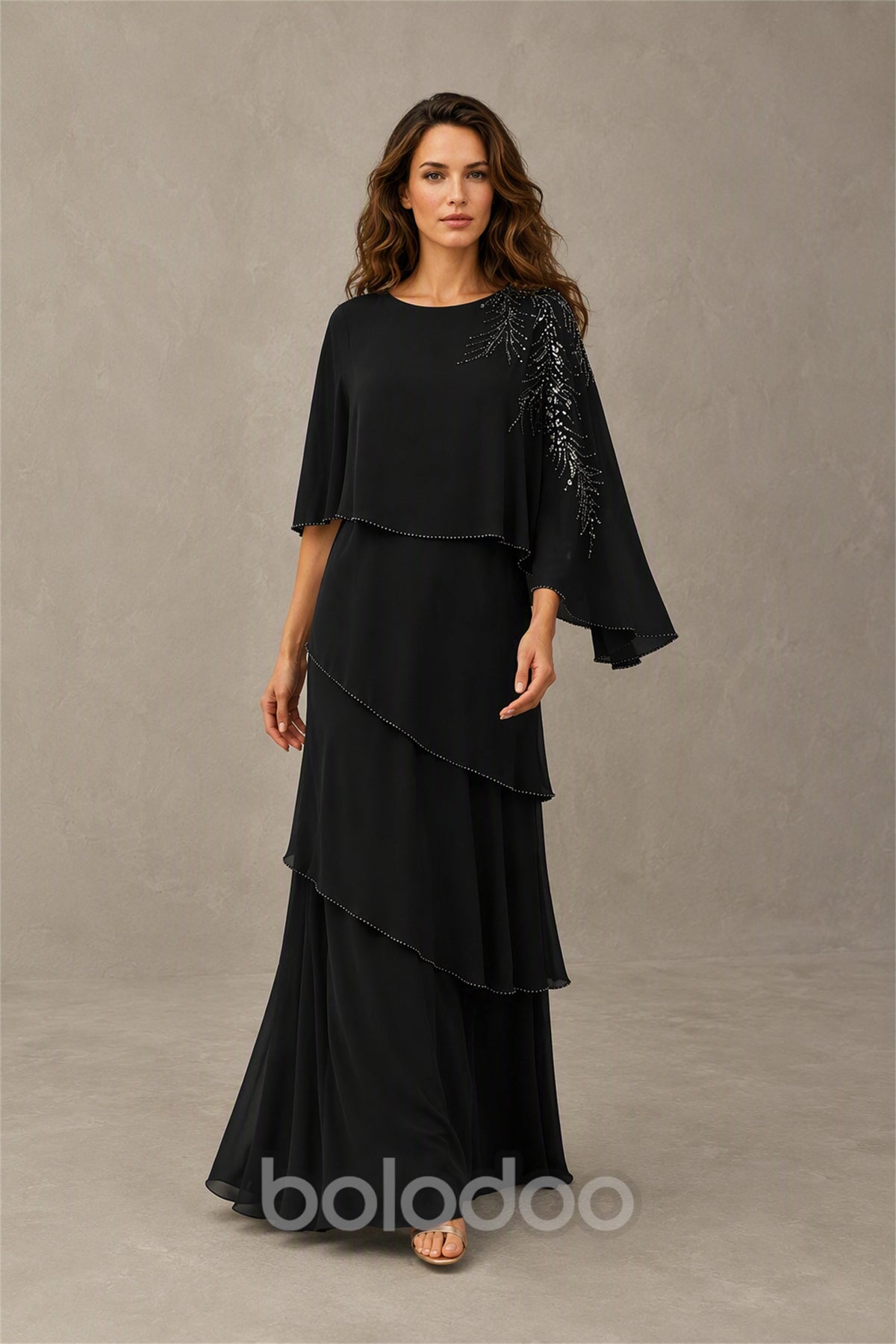 BOLODOO Black Mocha Asymmetric Cape Sleeve Black Sequin Embroidered Pearl Trim Tiered Chiffon Gown - Black | BOLODOO watermark