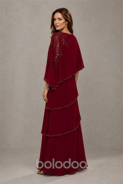 BOLODOO Burgundy Mocha Asymmetric Cape Sleeve Burgundy Sequin Embroidered Pearl Trim Tiered Chiffon Gown - Burgundy | BOLODOO watermark