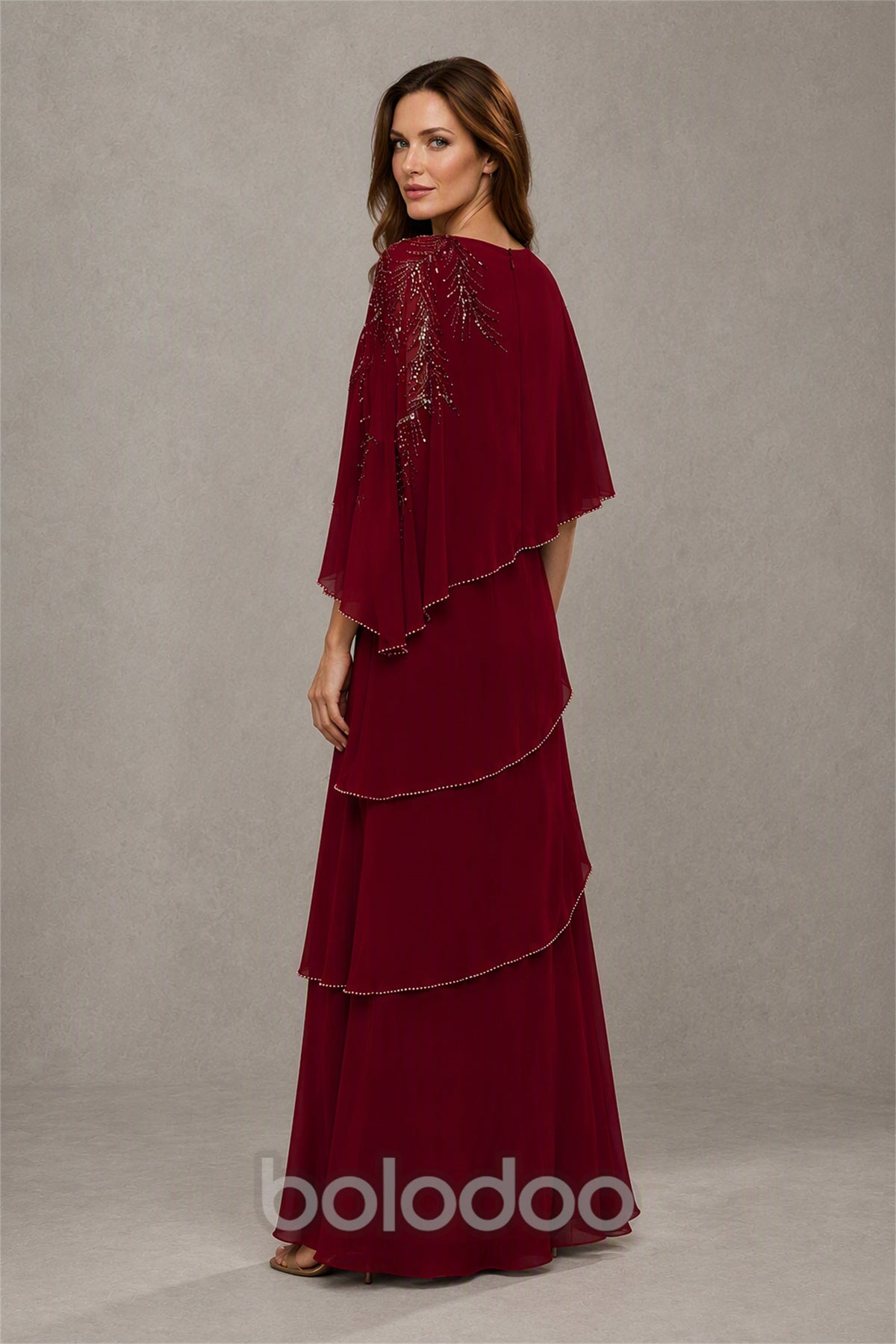 BOLODOO Burgundy Mocha Asymmetric Cape Sleeve Burgundy Sequin Embroidered Pearl Trim Tiered Chiffon Gown - Burgundy | BOLODOO watermark