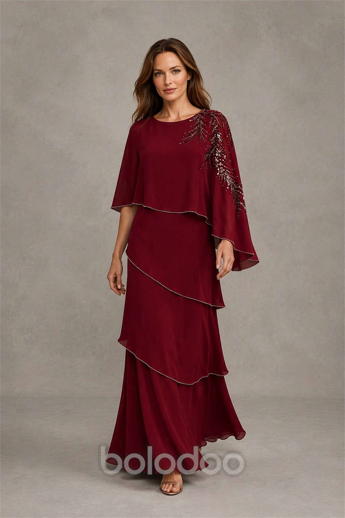 BOLODOO Burgundy Mocha Asymmetric Cape Sleeve Burgundy Sequin Embroidered Pearl Trim Tiered Chiffon Gown - Burgundy | BOLODOO watermark