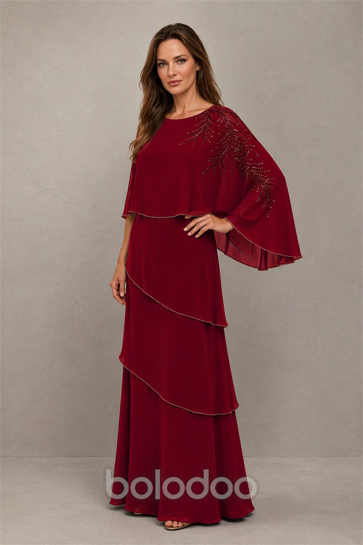 BOLODOO Burgundy Mocha Asymmetric Cape Sleeve Burgundy Sequin Embroidered Pearl Trim Tiered Chiffon Gown - Burgundy | BOLODOO watermark