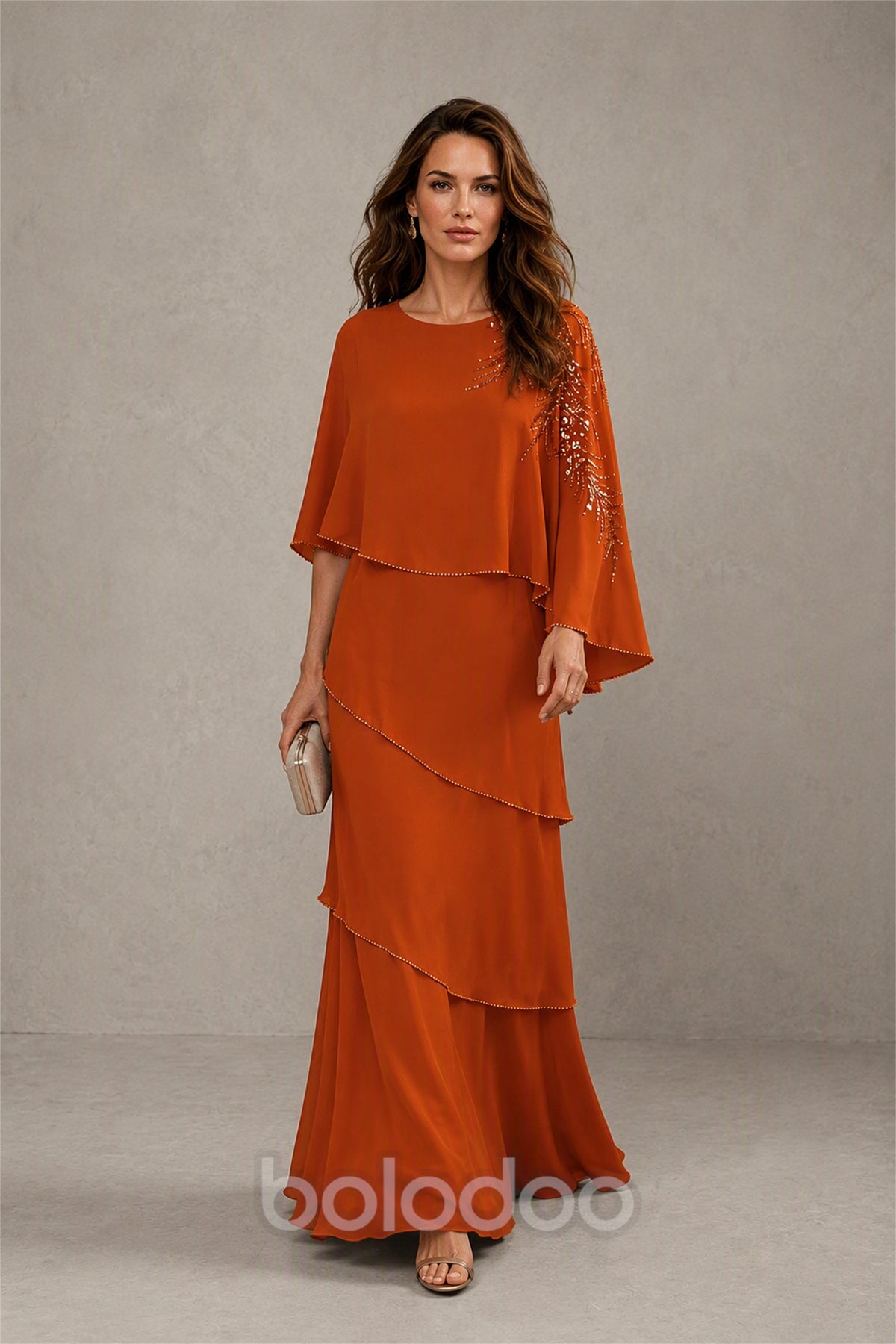 BOLODOO Burnt Orange Mocha Asymmetric Cape Sleeve Burnt Orange Sequin Embroidered Pearl Trim Tiered Chiffon Gown - Burnt Orange | BOLODOO watermark