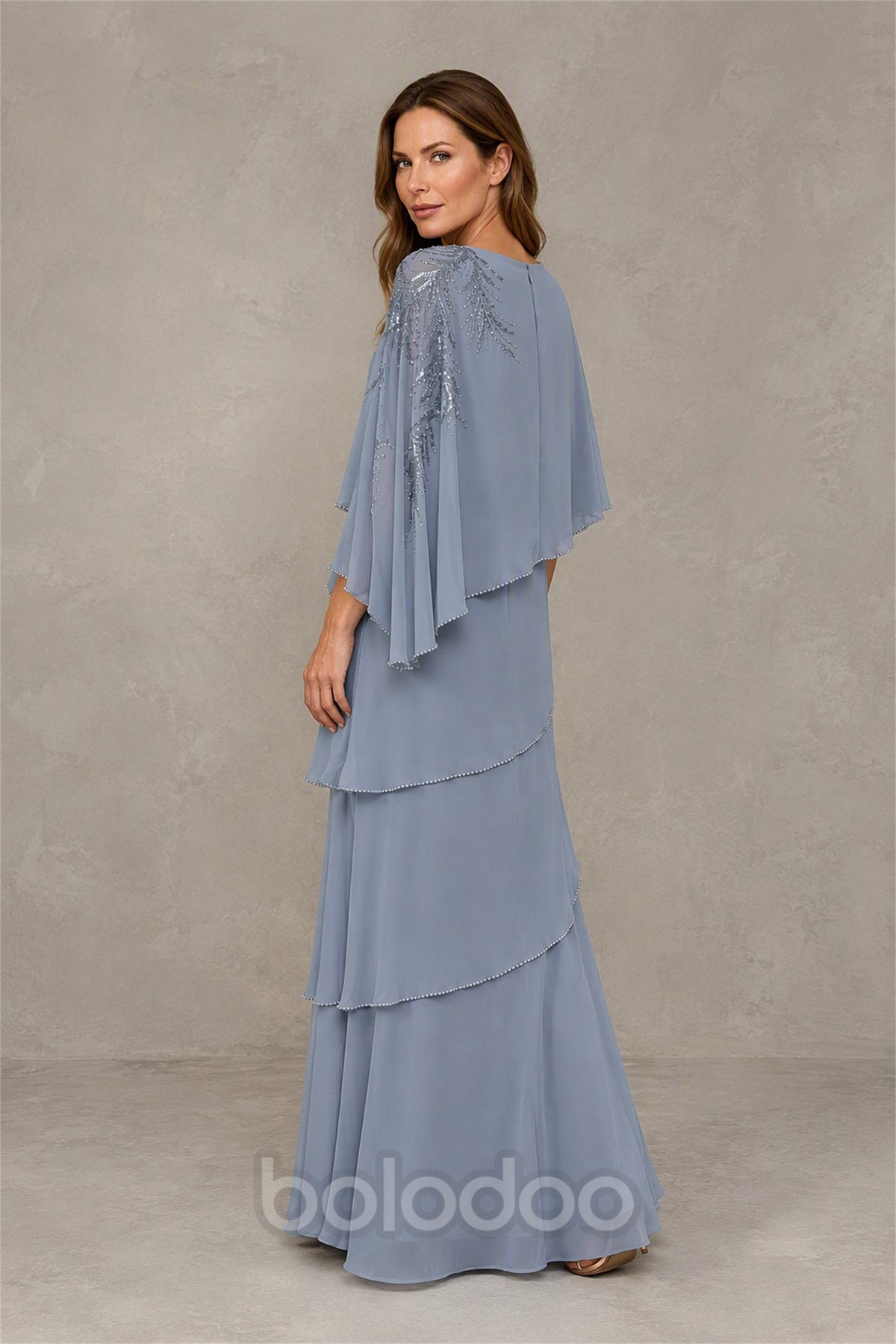 BOLODOO Dusty Blue Mocha Asymmetric Cape Sleeve Dusty Blue Sequin Embroidered Pearl Trim Tiered Chiffon Gown - Dusty Blue | BOLODOO watermark