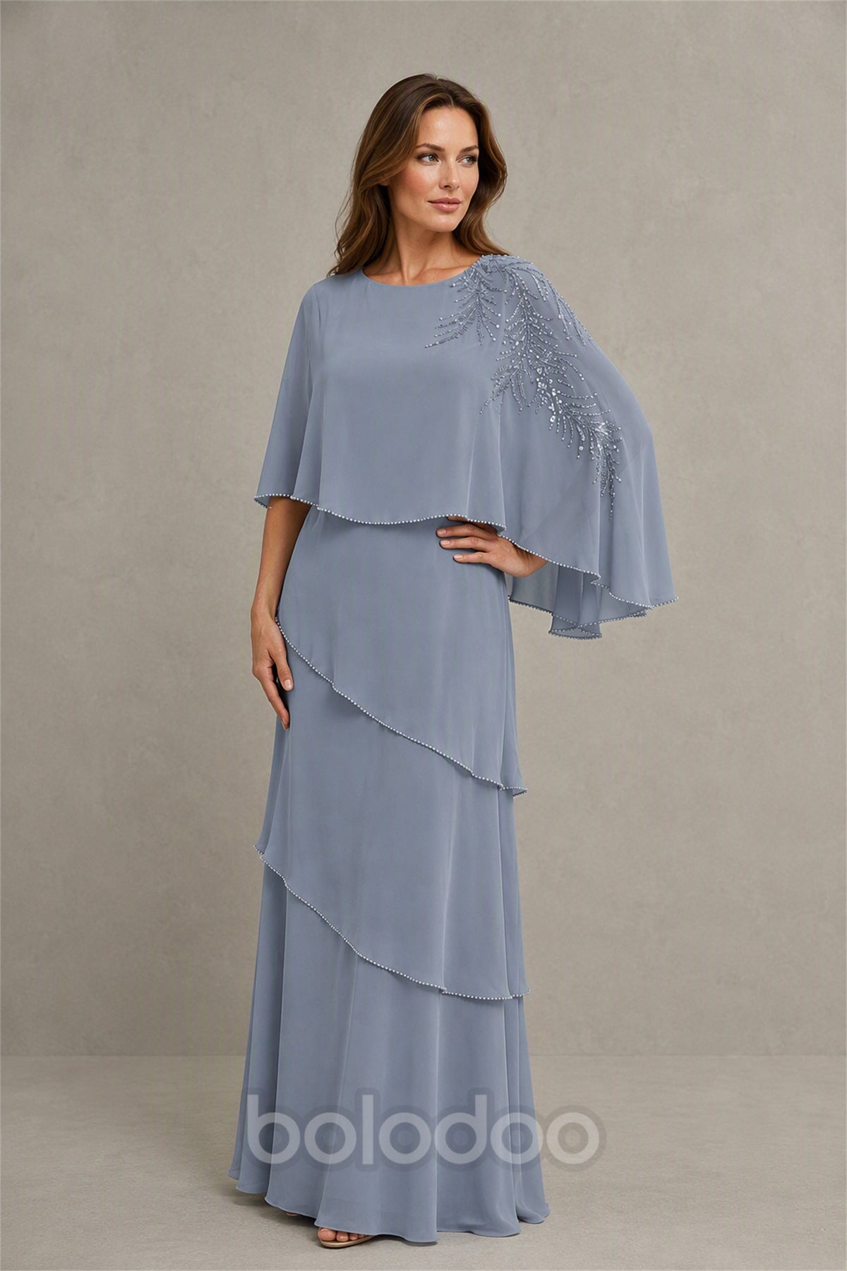BOLODOO Dusty Blue Mocha Asymmetric Cape Sleeve Dusty Blue Sequin Embroidered Pearl Trim Tiered Chiffon Gown - Dusty Blue | BOLODOO watermark
