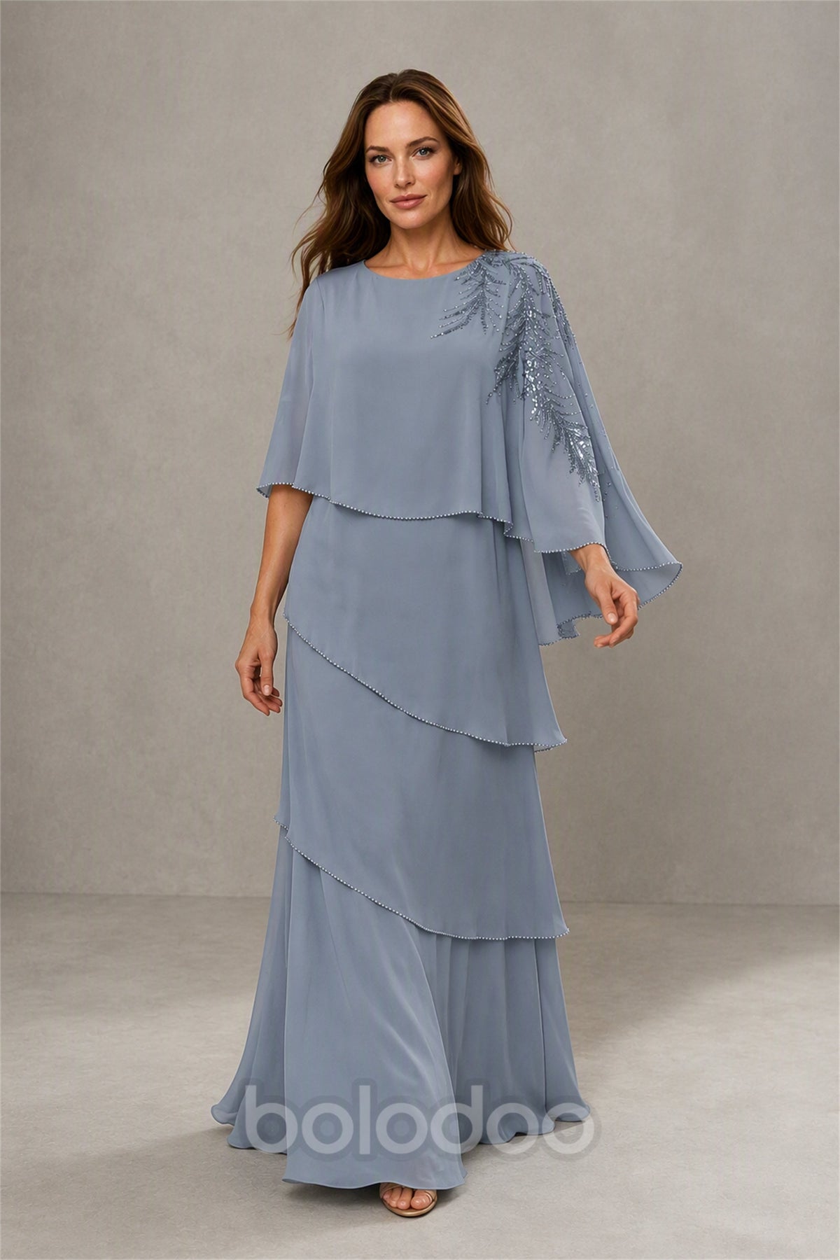 BOLODOO Dusty Blue Mocha Asymmetric Cape Sleeve Dusty Blue Sequin Embroidered Pearl Trim Tiered Chiffon Gown - Dusty Blue | BOLODOO watermark