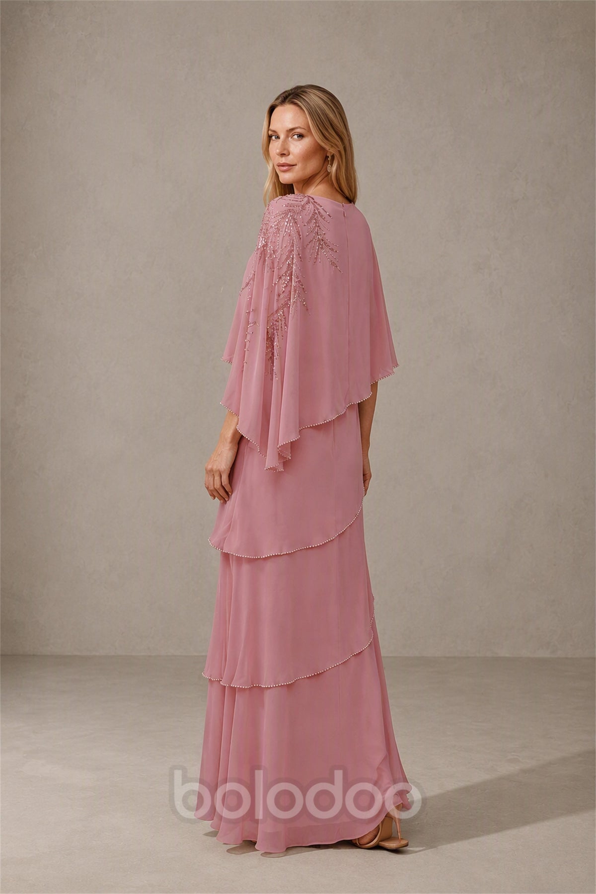 BOLODOO Dusty Rose Mocha Asymmetric Cape Sleeve Dusty Rose Sequin Embroidered Pearl Trim Tiered Chiffon Gown - Dusty Rose | BOLODOO watermark