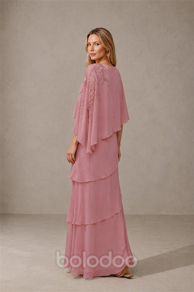 BOLODOO Dusty Rose Mocha Asymmetric Cape Sleeve Dusty Rose Sequin Embroidered Pearl Trim Tiered Chiffon Gown - Dusty Rose | BOLODOO watermark
