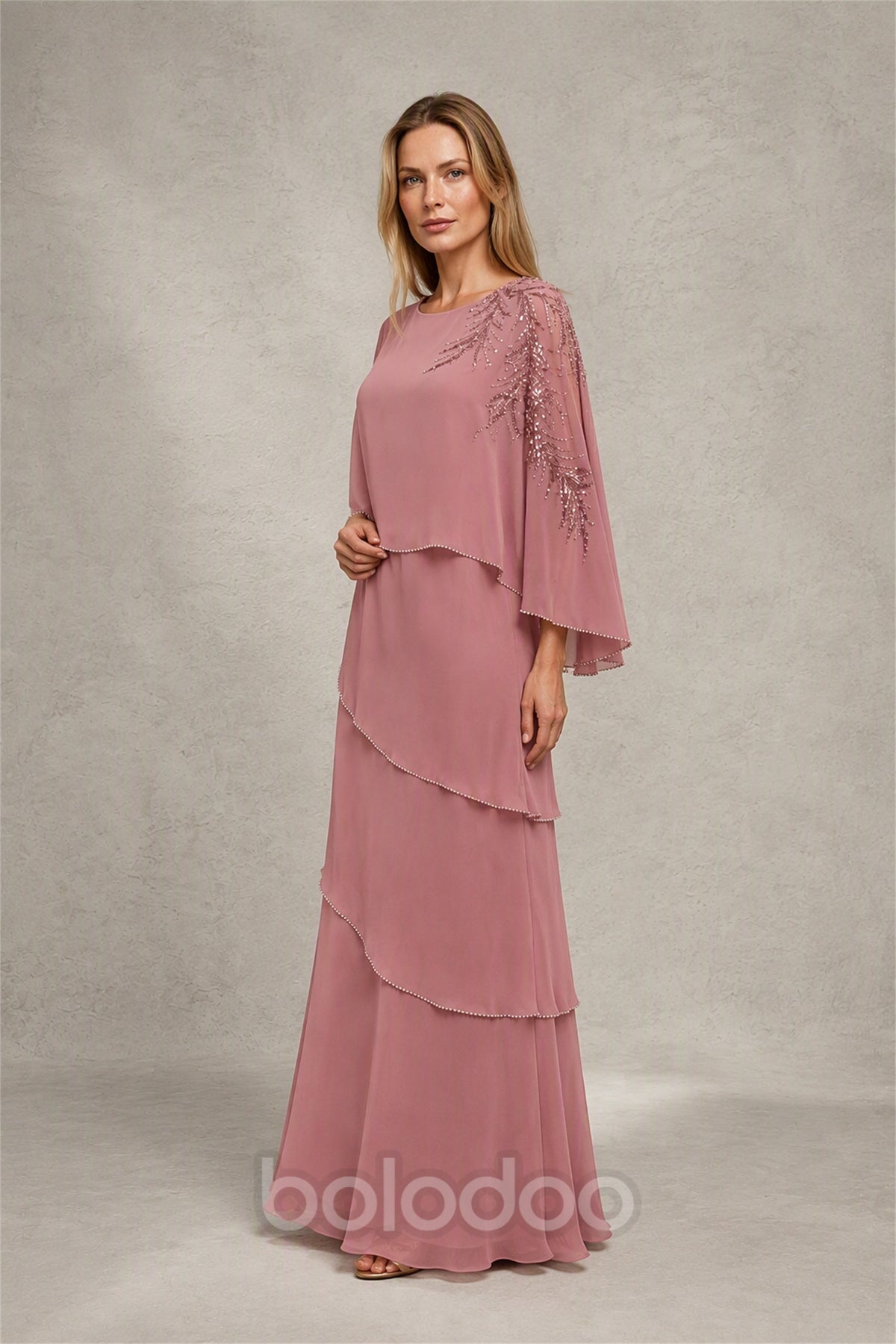 BOLODOO Dusty Rose Mocha Asymmetric Cape Sleeve Dusty Rose Sequin Embroidered Pearl Trim Tiered Chiffon Gown - Dusty Rose | BOLODOO watermark