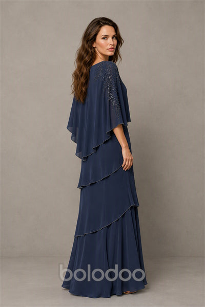 BOLODOO Navy Blue Mocha Asymmetric Cape Sleeve Navy Blue Sequin Embroidered Pearl Trim Tiered Chiffon Gown - Navy Blue | BOLODOO watermark