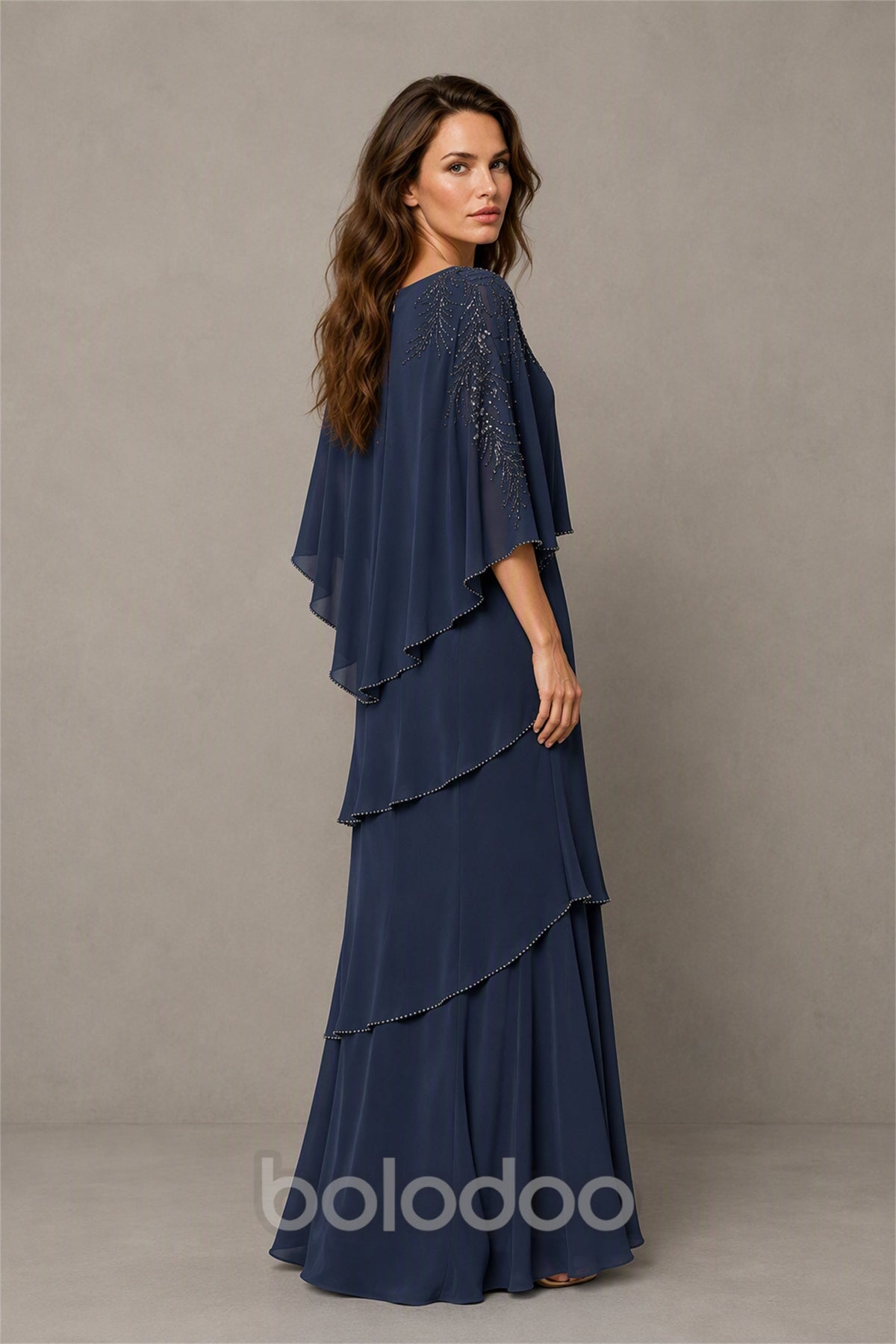 BOLODOO Navy Blue Mocha Asymmetric Cape Sleeve Navy Blue Sequin Embroidered Pearl Trim Tiered Chiffon Gown - Navy Blue | BOLODOO watermark