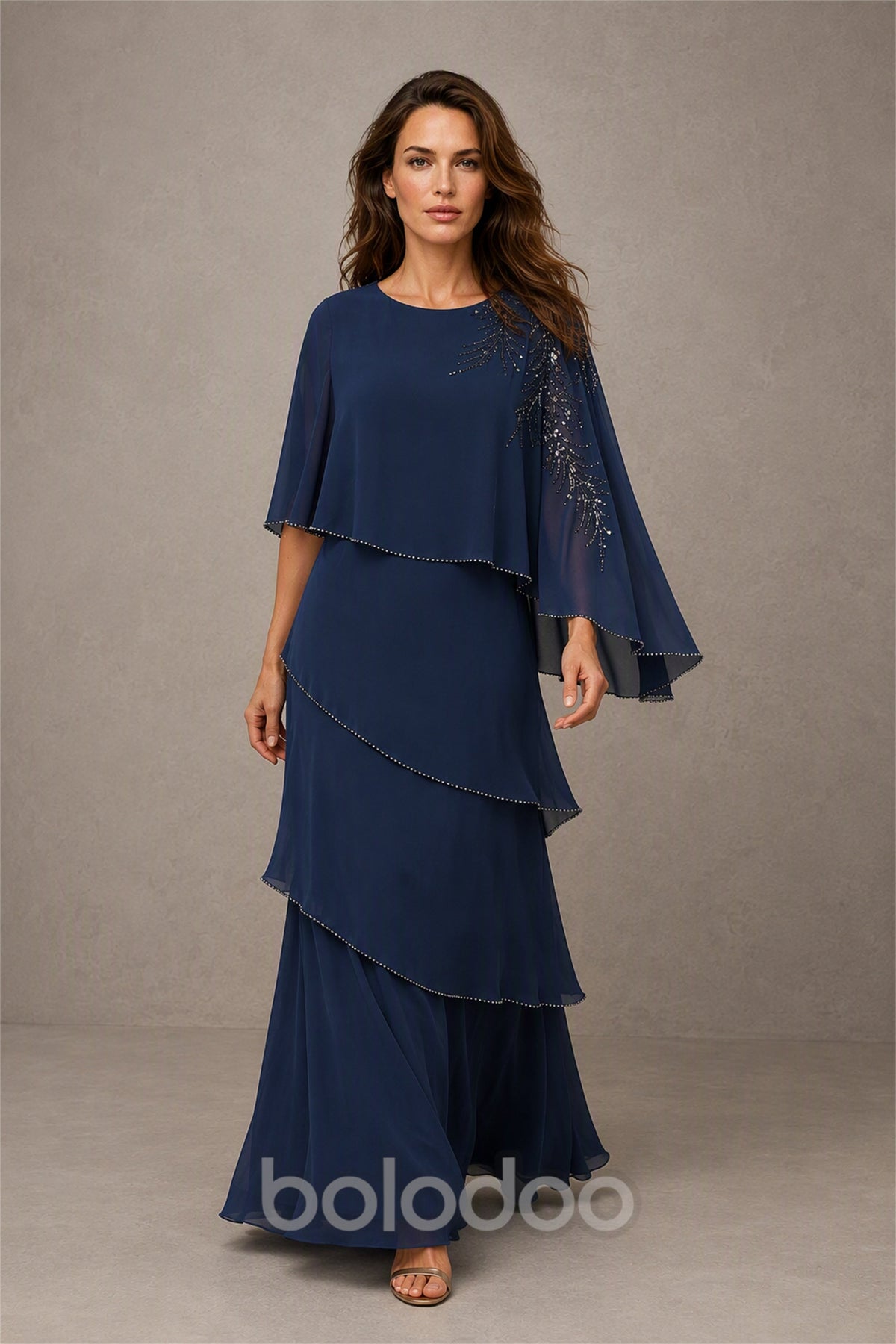 BOLODOO Navy Blue Mocha Asymmetric Cape Sleeve Navy Blue Sequin Embroidered Pearl Trim Tiered Chiffon Gown - Navy Blue | BOLODOO watermark