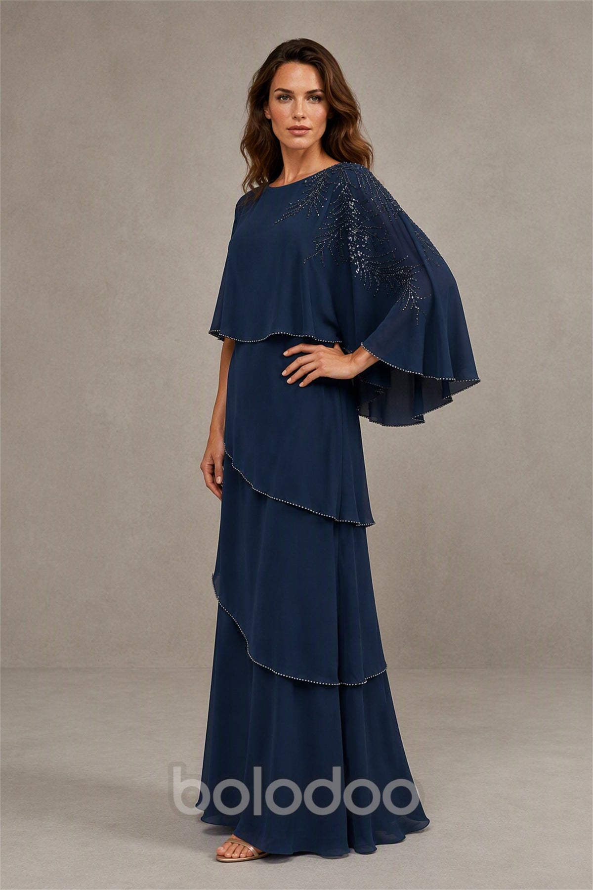 BOLODOO Navy Blue Mocha Asymmetric Cape Sleeve Navy Blue Sequin Embroidered Pearl Trim Tiered Chiffon Gown - Navy Blue | BOLODOO watermark