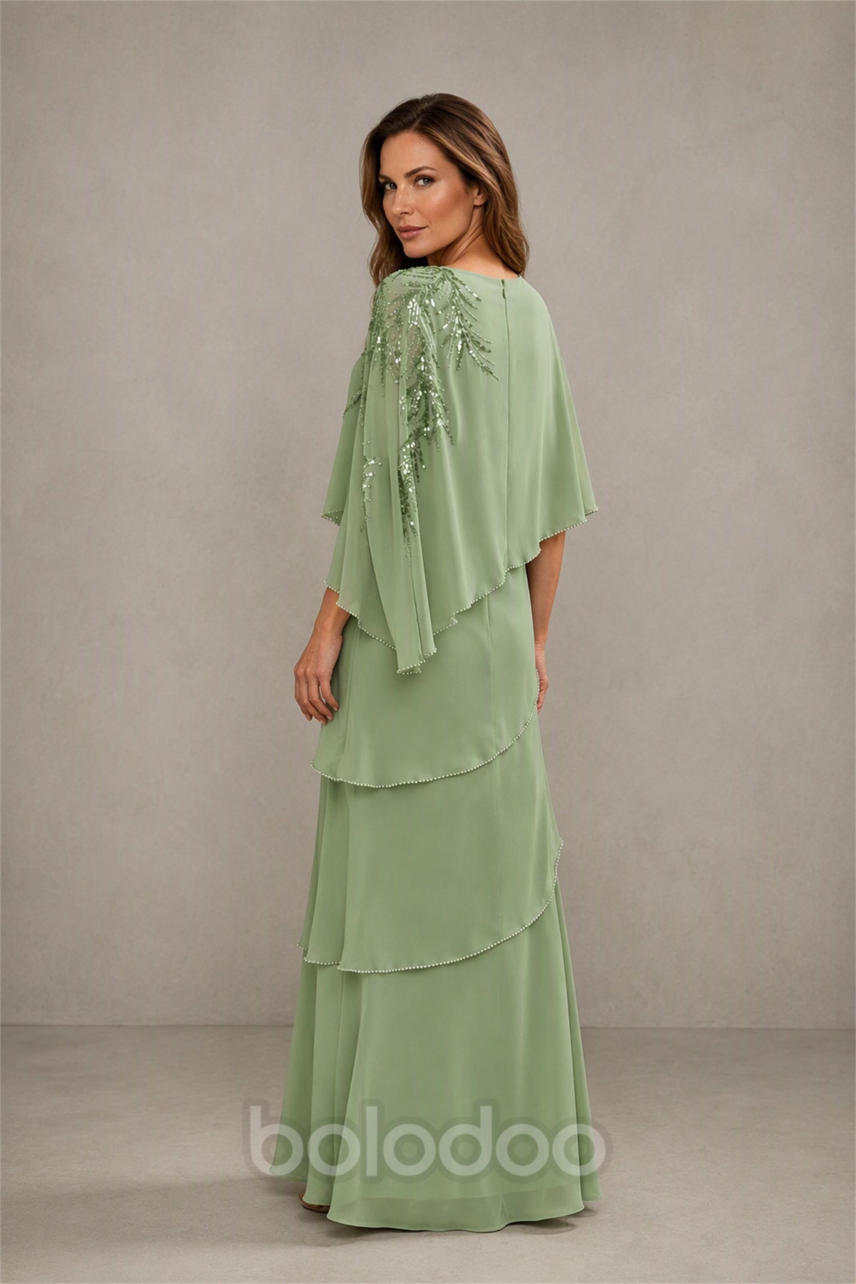 BOLODOO Sage Green Mocha Asymmetric Cape Sleeve Sage Green Sequin Embroidered Pearl Trim Tiered Chiffon Gown - Sage Green | BOLODOO watermark
