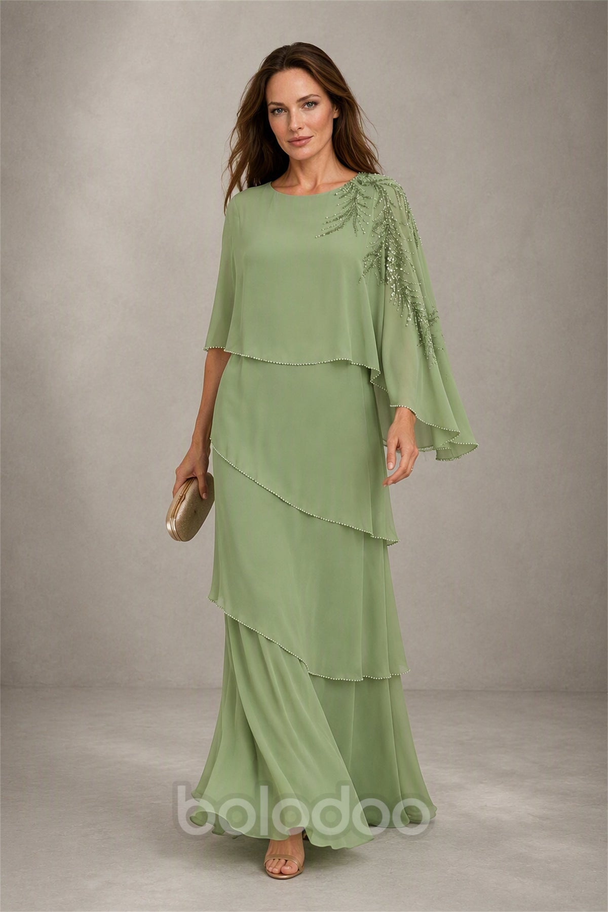 BOLODOO Sage Green Mocha Asymmetric Cape Sleeve Sage Green Sequin Embroidered Pearl Trim Tiered Chiffon Gown - Sage Green | BOLODOO watermark