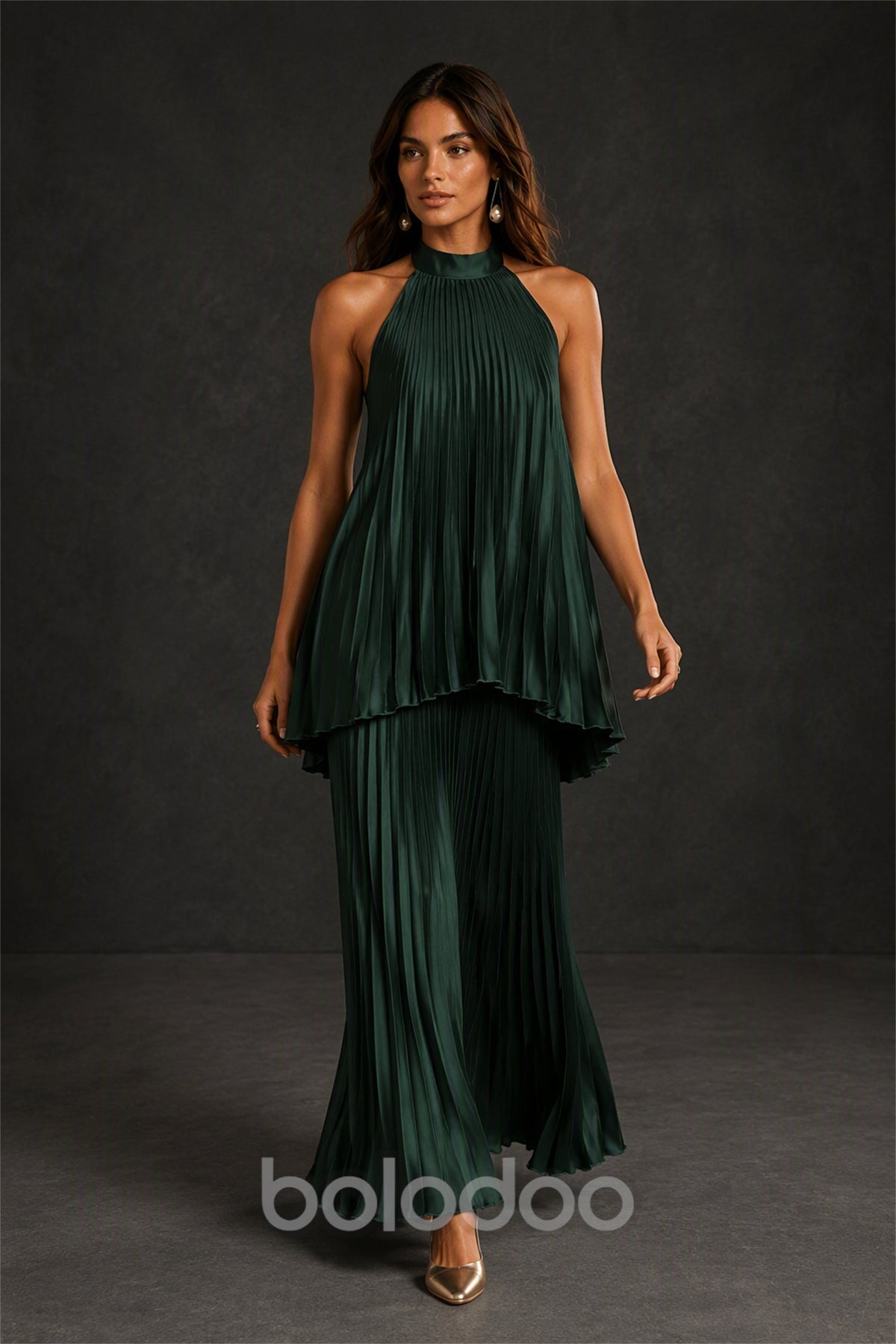 BOLODOO Emerald Green Pleated Halter Neck Two-Piece Maxi Set - Back View | BOLODOO watermark